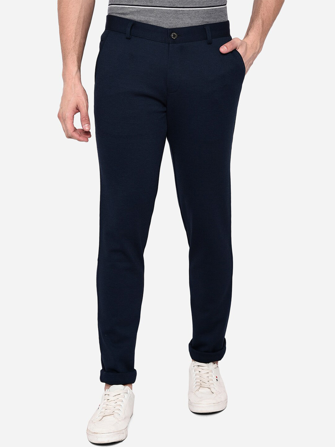 

JADE BLUE Men Navy Blue Slim Fit Easy Wash Chinos Pure Cotton Trousers