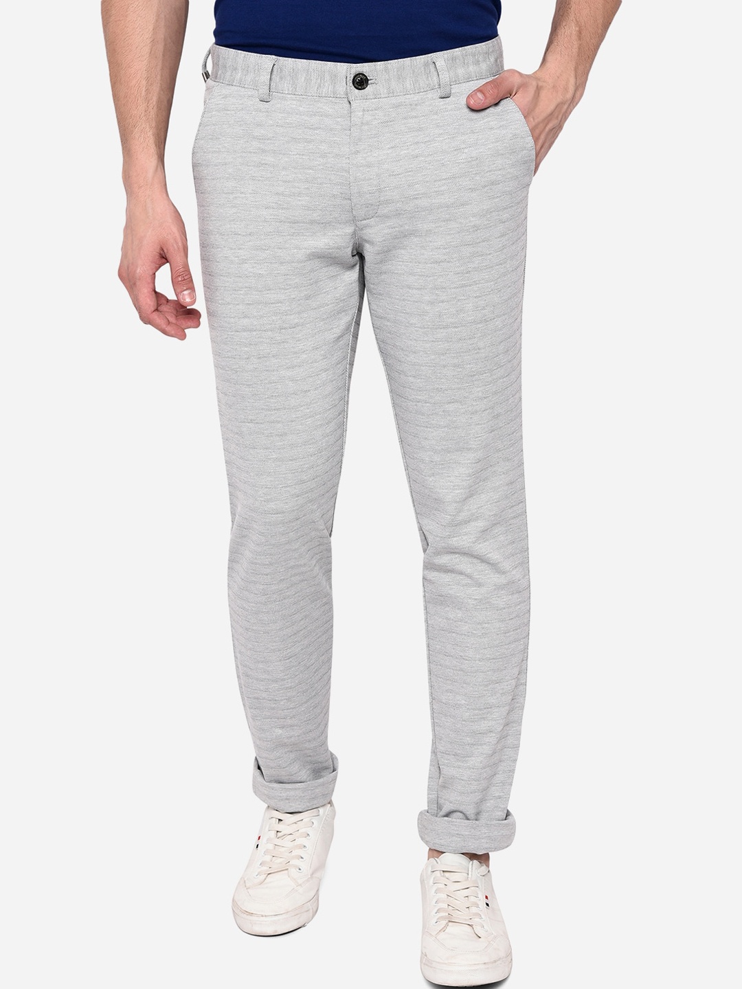 

JADE BLUE Men Grey Striped Slim Fit Easy Wash Trousers