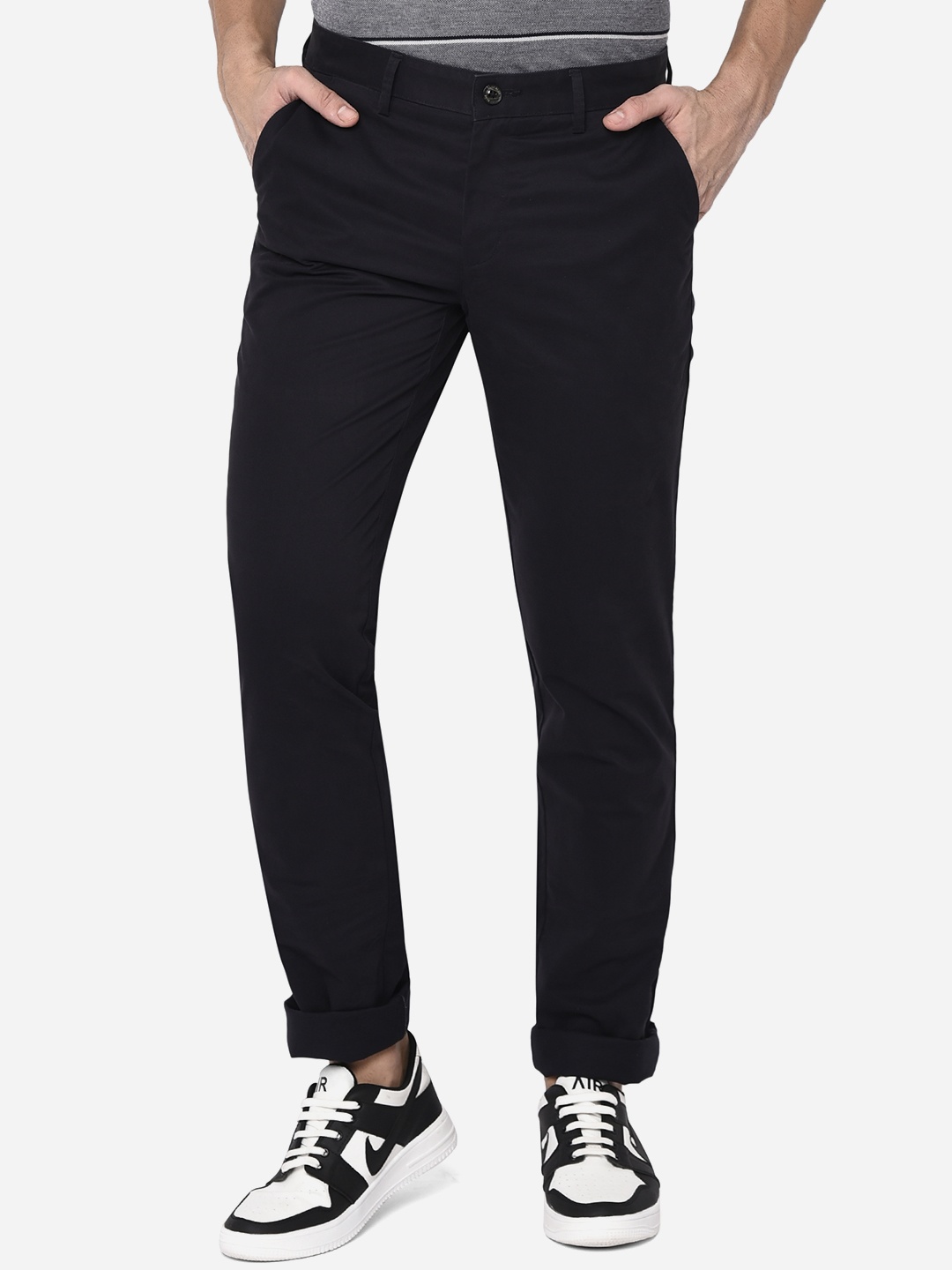 

JADE BLUE Men Slim Fit Mid-Rise Easy Wash Pure Cotton Trouser, Navy blue
