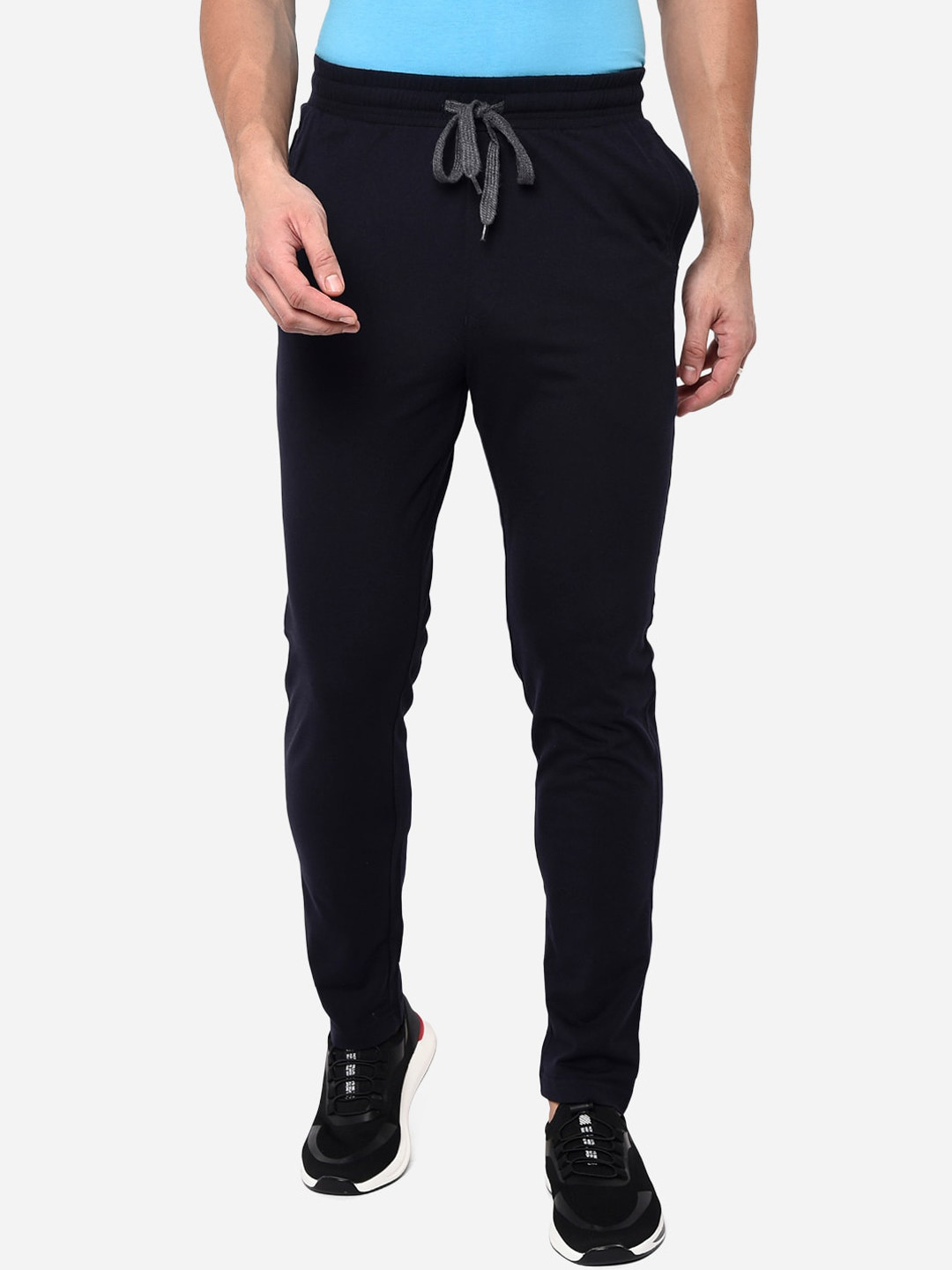 

JADE BLUE Men Navy Blue Solid Pure Cotton Track Pants