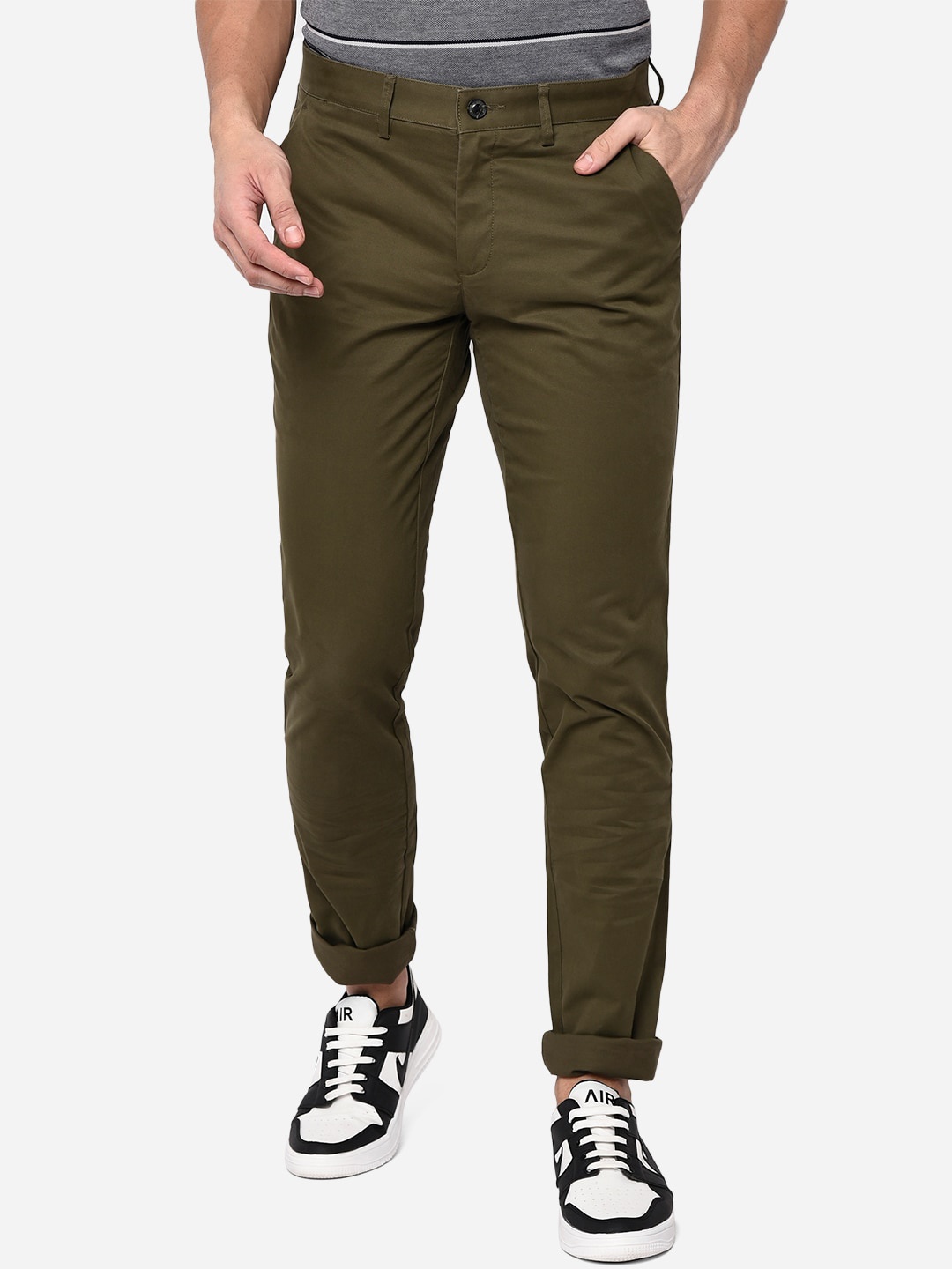 

JADE BLUE Men Olive Green Slim Fit Easy Wash Trousers