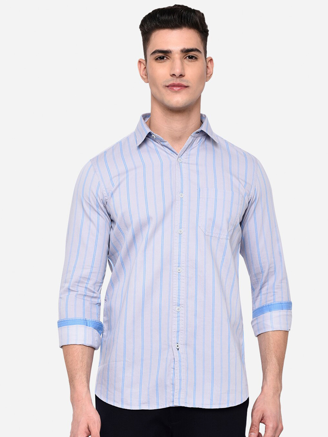 

JADE BLUE Men Grey & Blue Slim Fit Striped Pure Cotton Casual Shirt