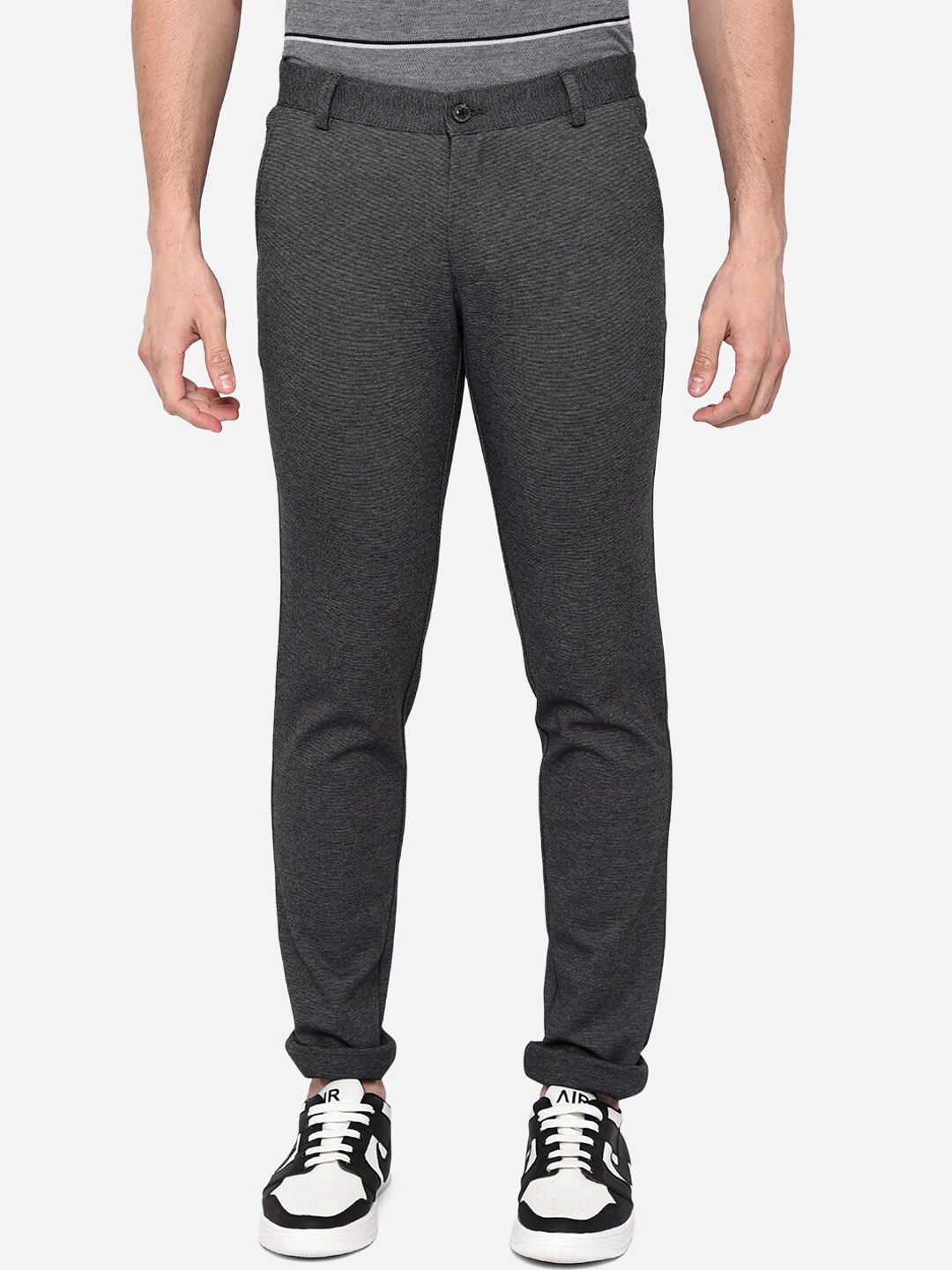 

JADE BLUE Men Charcoal Grey Slim Fit Easy Wash Trousers