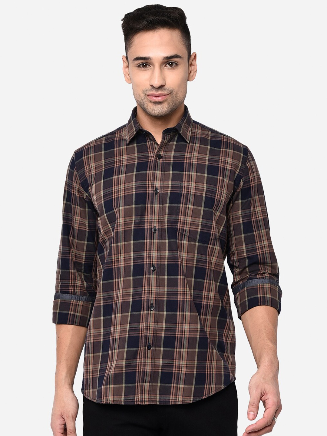 

JADE BLUE Men Brown Slim Fit Tartan Checked Pure Cotton Casual Shirt