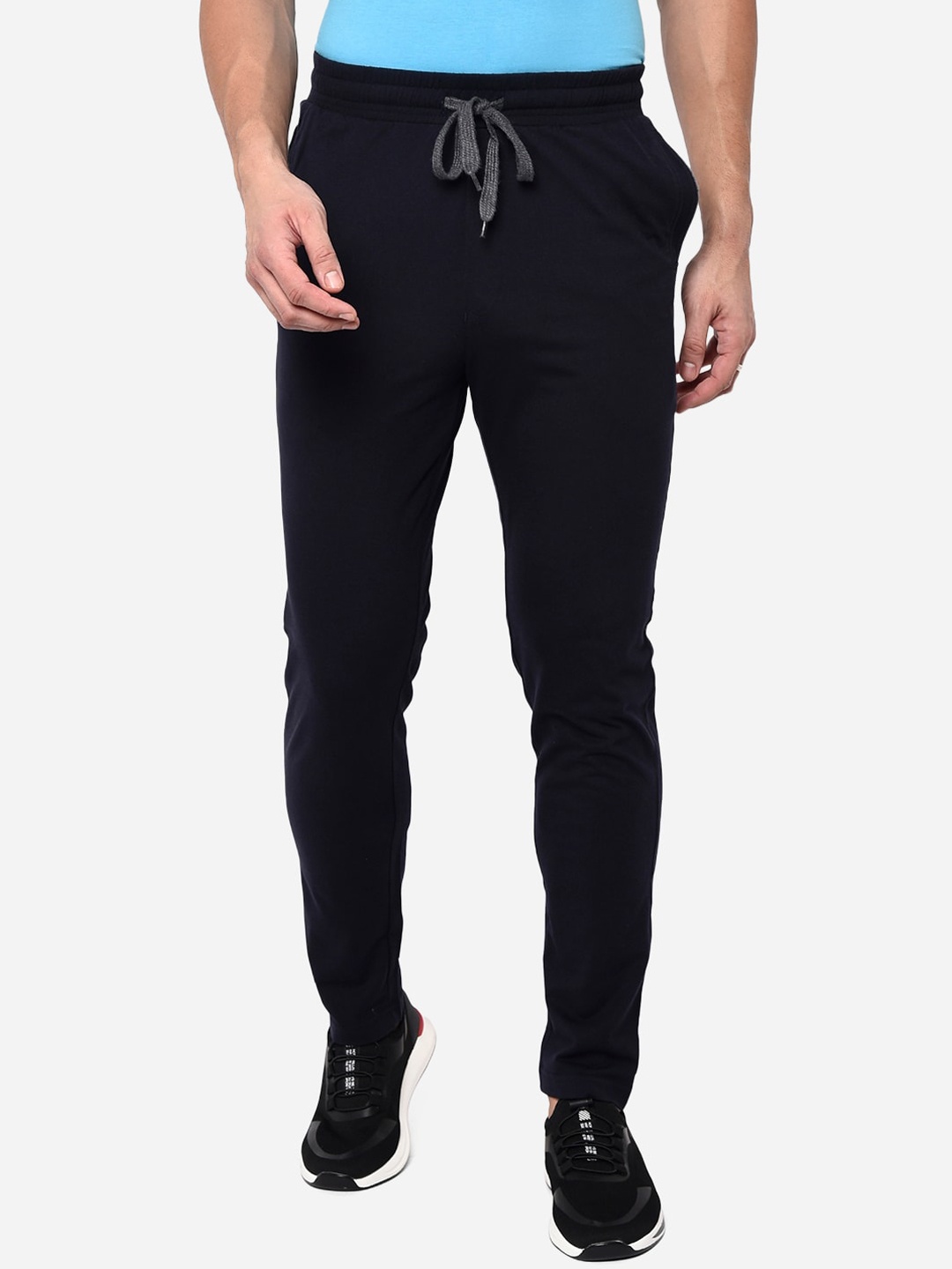 

JADE BLUE Men Navy Blue Solid Pure Cotton Track Pants