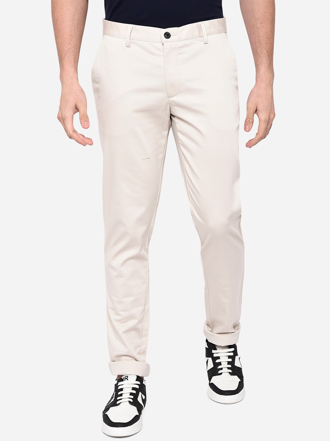 

JADE BLUE Men Off White Slim Fit Easy Wash Chinos Pure Cotton Trousers