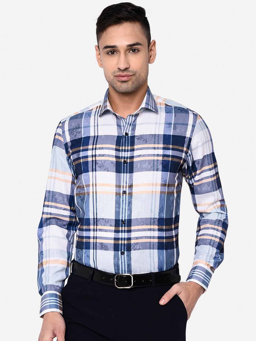 

Greenfibre Men Blue Slim Fit Tartan Checks Checked Formal Shirt