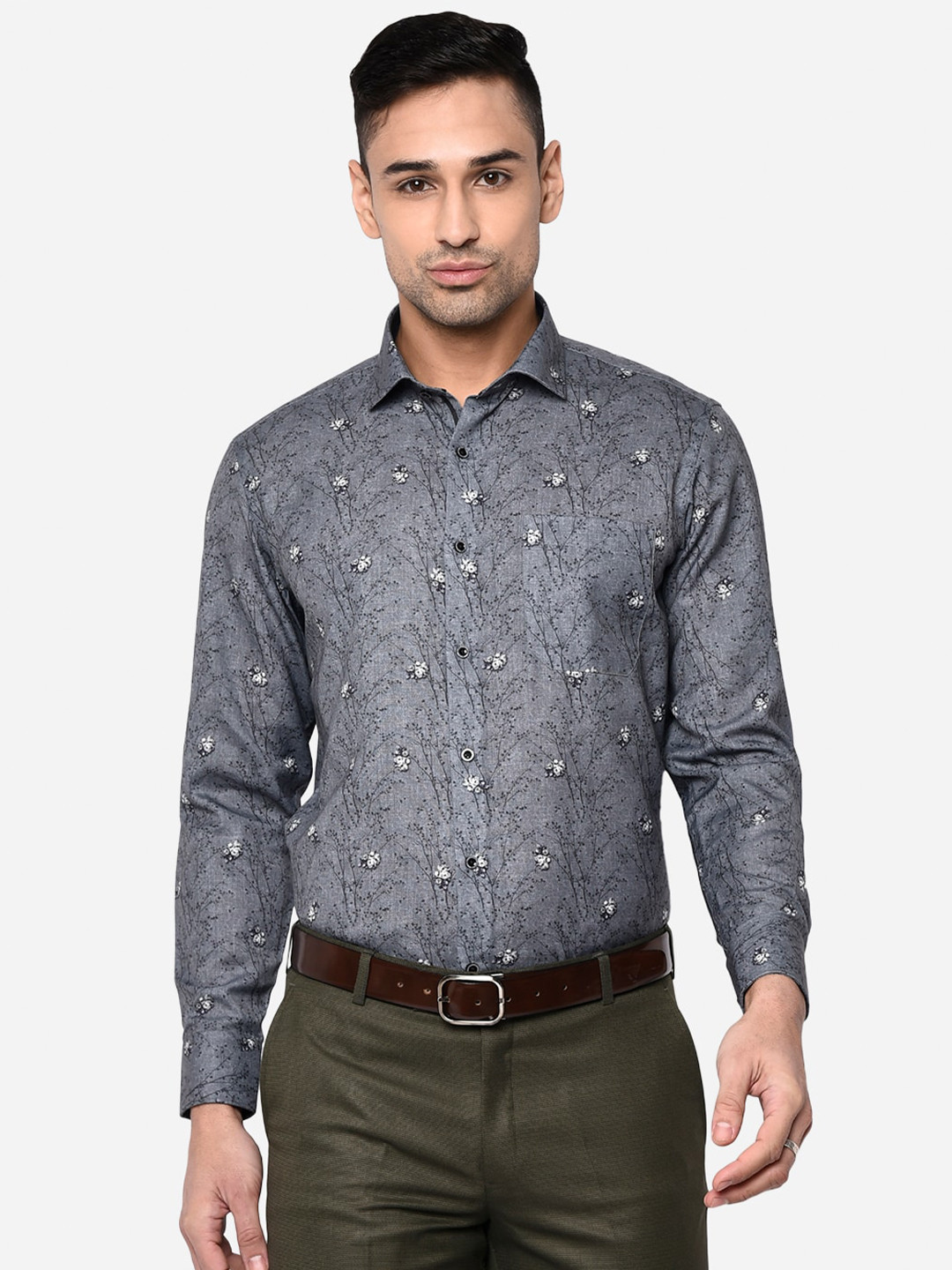 

Greenfibre Men Grey Slim Fit Floral Printed Formal Shirt