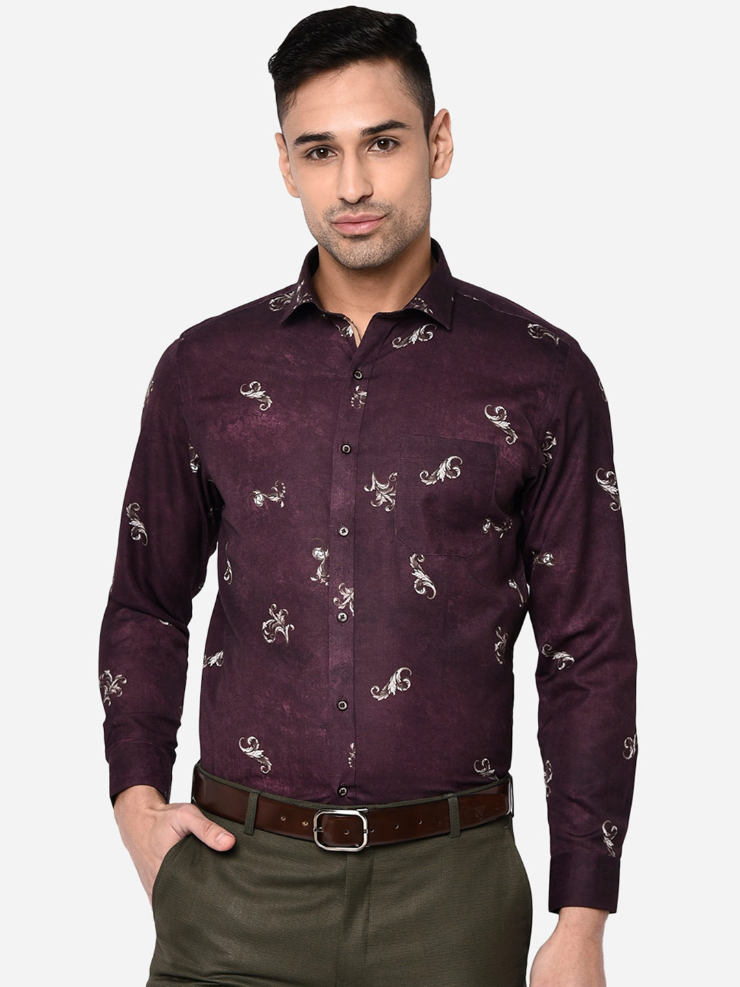 

Greenfibre Men Purple Slim Fit Printed Pure Cotton Formal Shirt