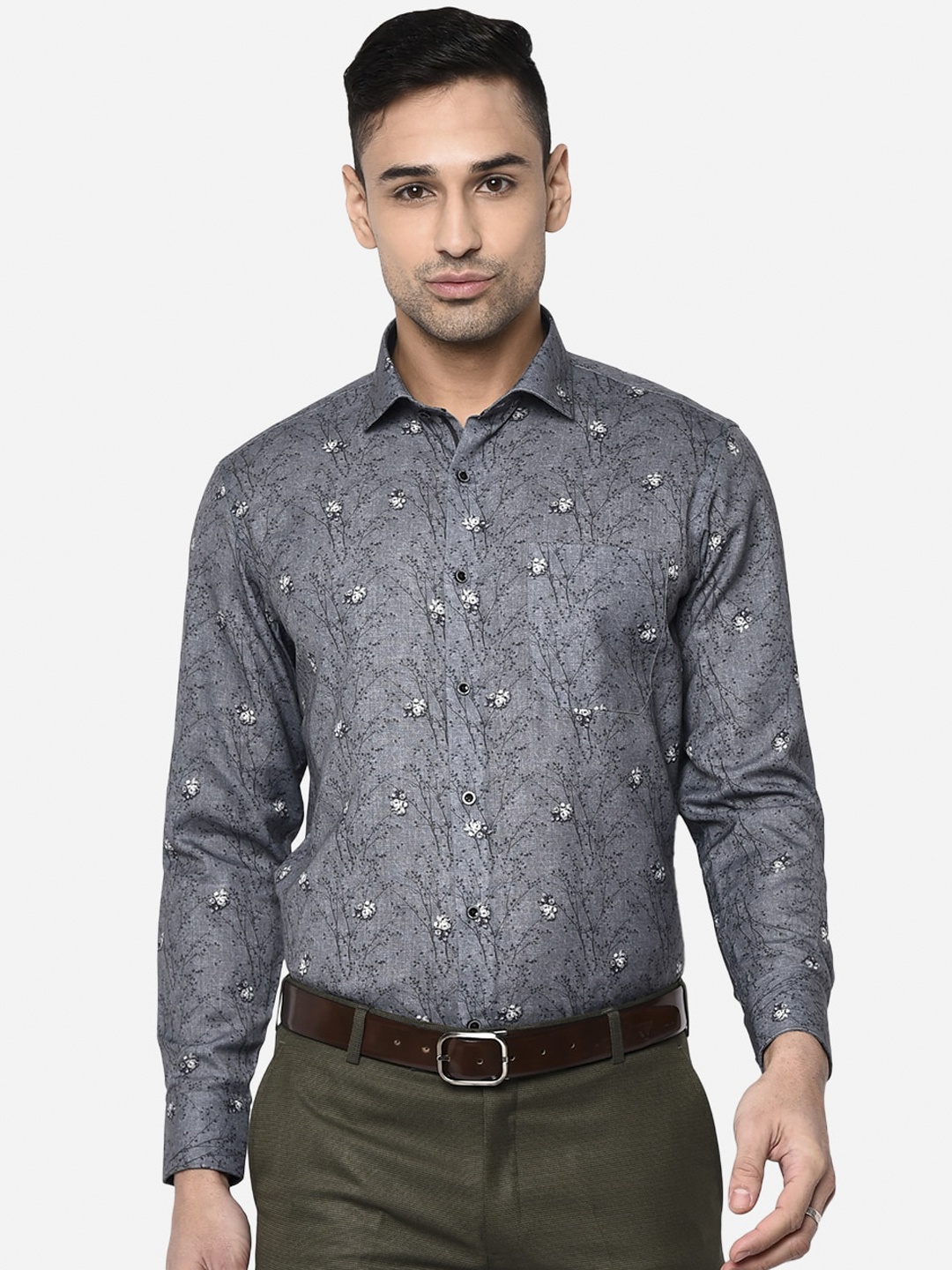 

Greenfibre Men Grey Slim Fit Floral Printed Pure Cotton Formal Shirt