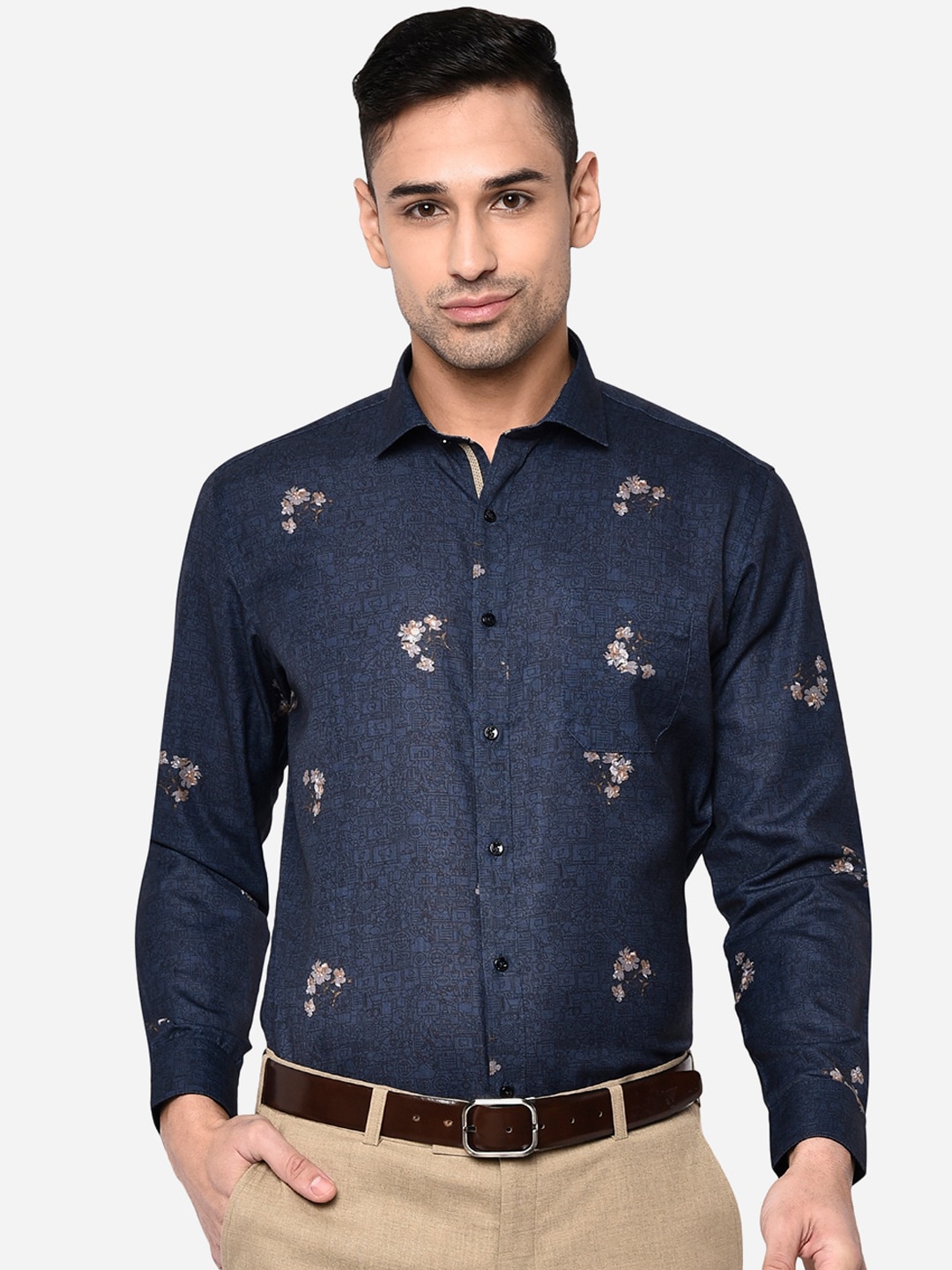 

Greenfibre Men Navy Blue Slim Fit Floral Printed Pure Cotton Formal Shirt