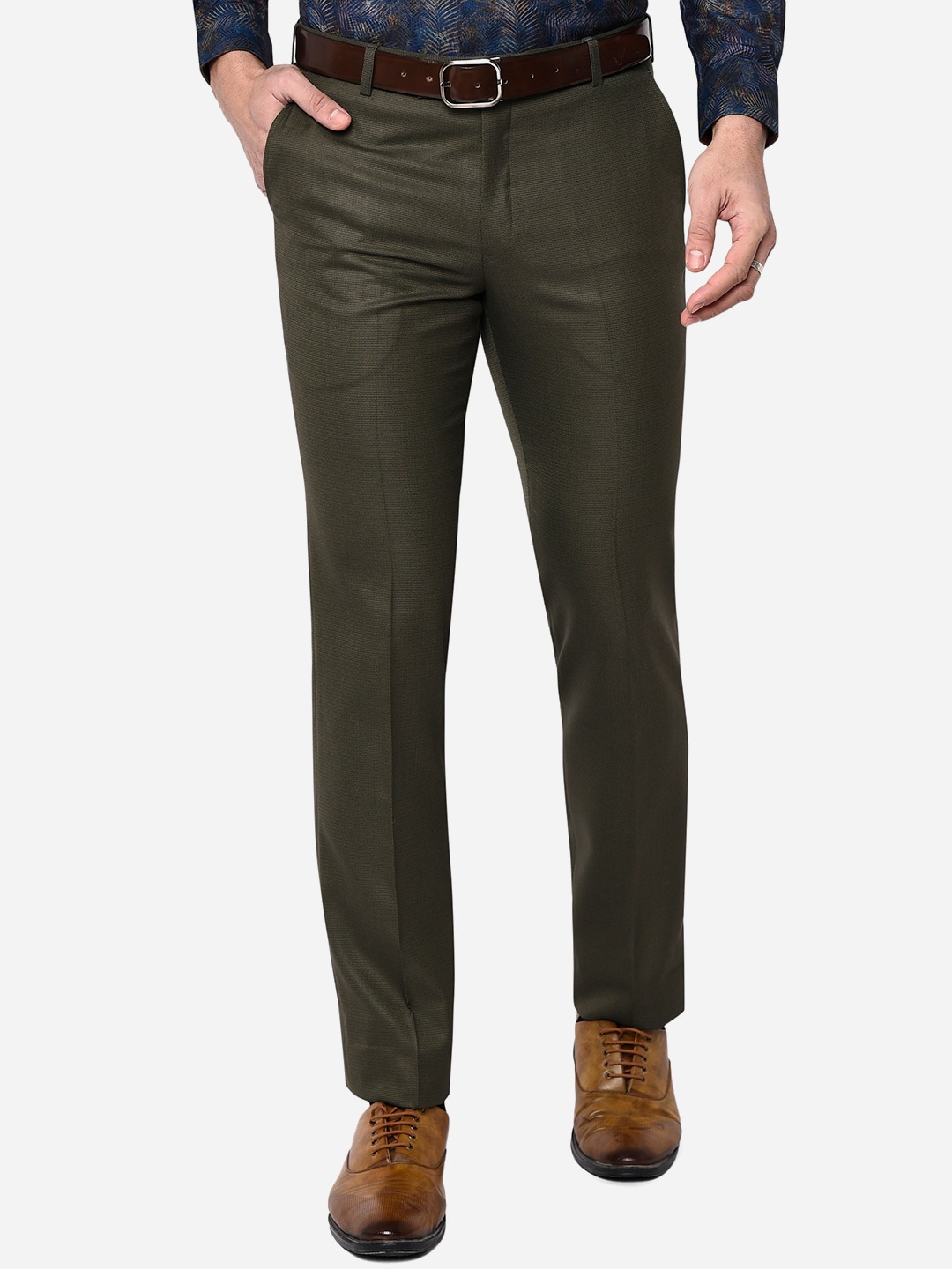 

Greenfibre Men Olive Green Textured Slim Fit Easy Wash Trousers