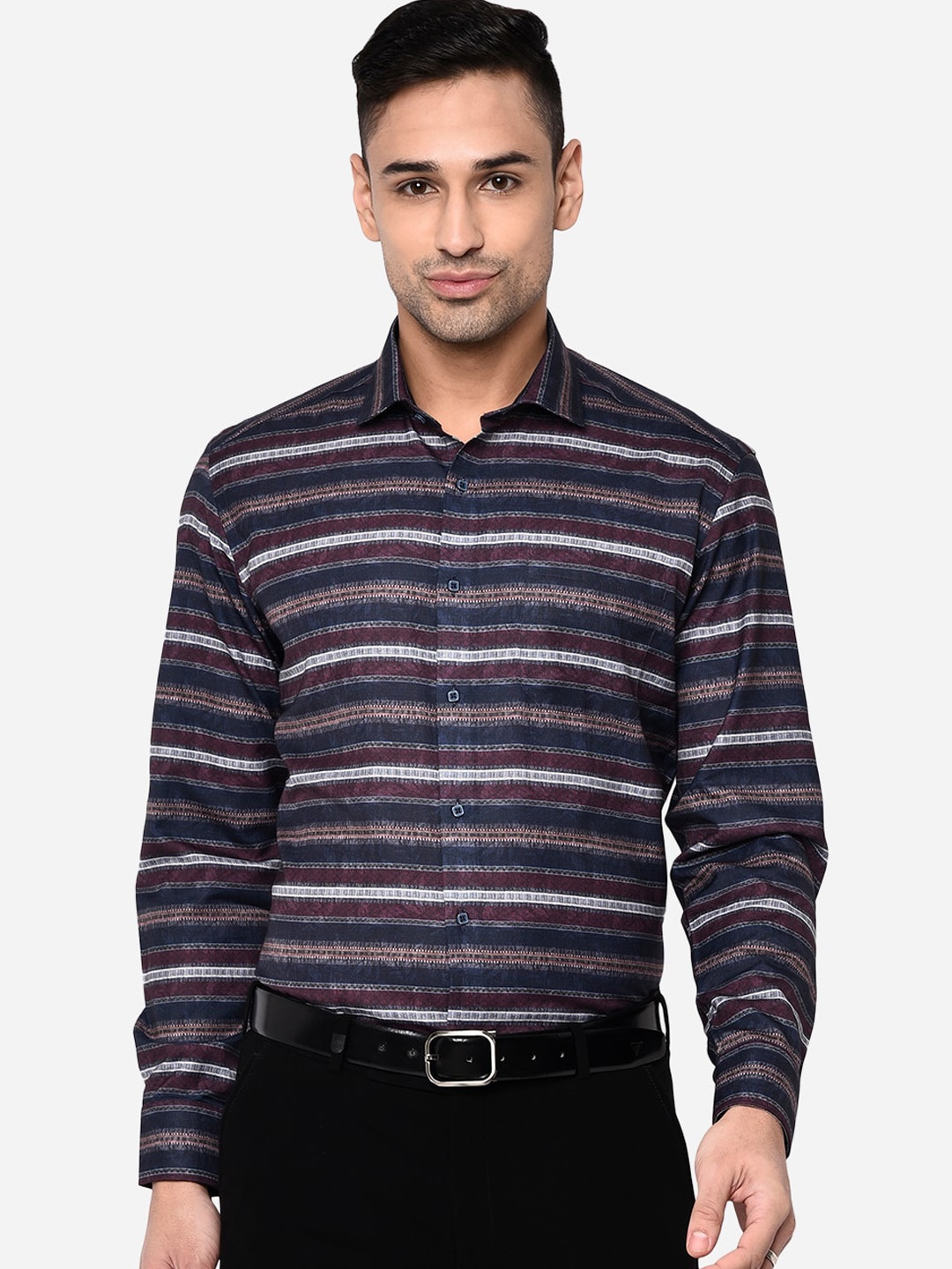 

Greenfibre Men Blue Slim Fit Horizontal Striped Pure Cotton Formal Shirt