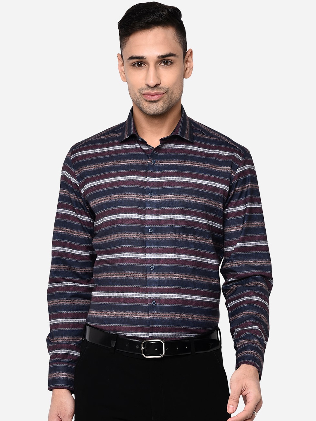 

Greenfibre Men Navy Blue Slim Fit Horizontal Stripes Pure Cotton Formal Shirt