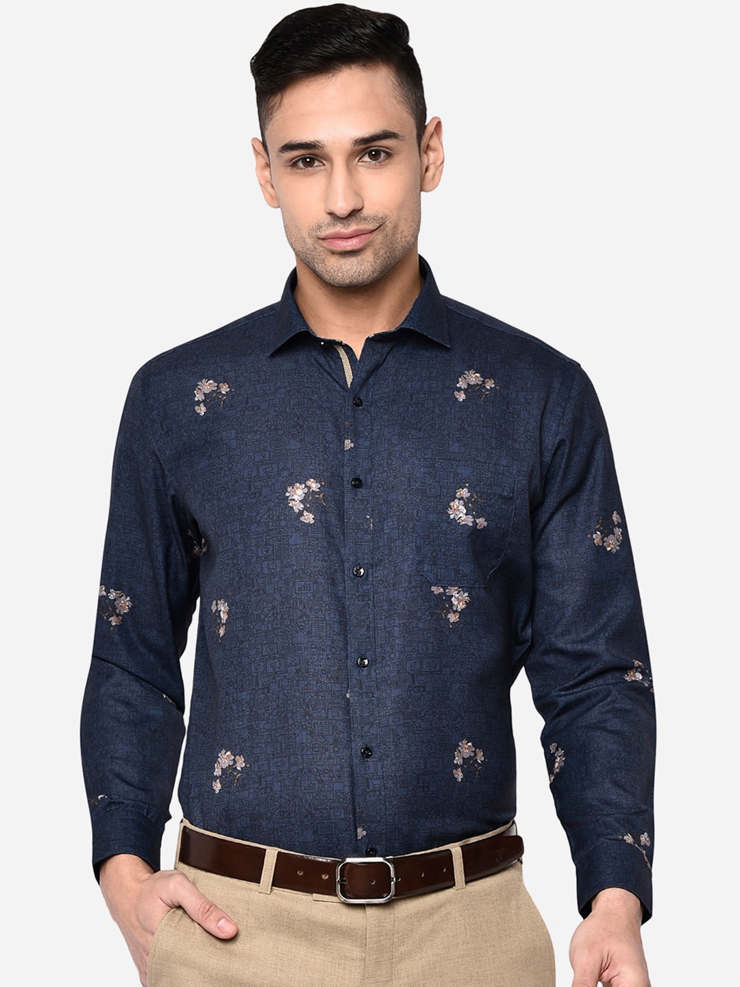 

Greenfibre Men Navy Blue Slim Fit Floral Printed Pure Cotton Formal Shirt