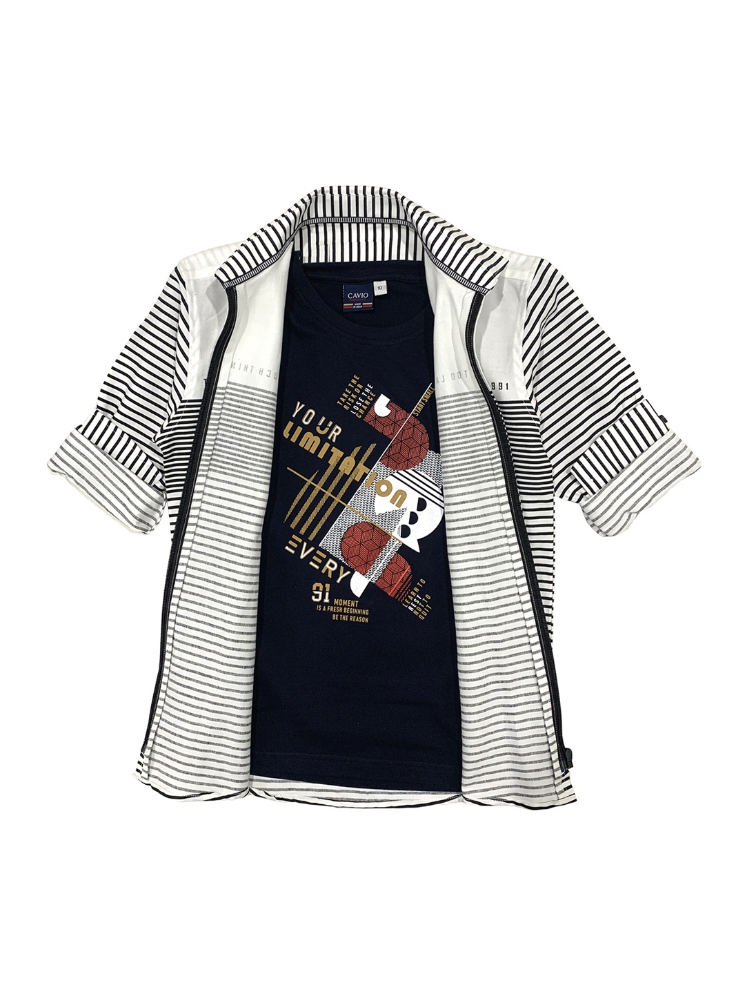 

CAVIO Boys White & Black Striped Shrug With T-shirt
