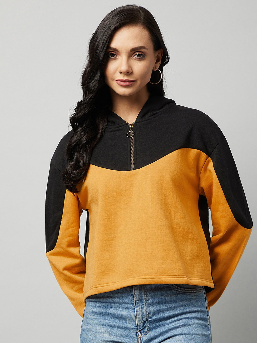 

Marie Claire Women Black & Orange Colourblocked Hooded Sweatshirt