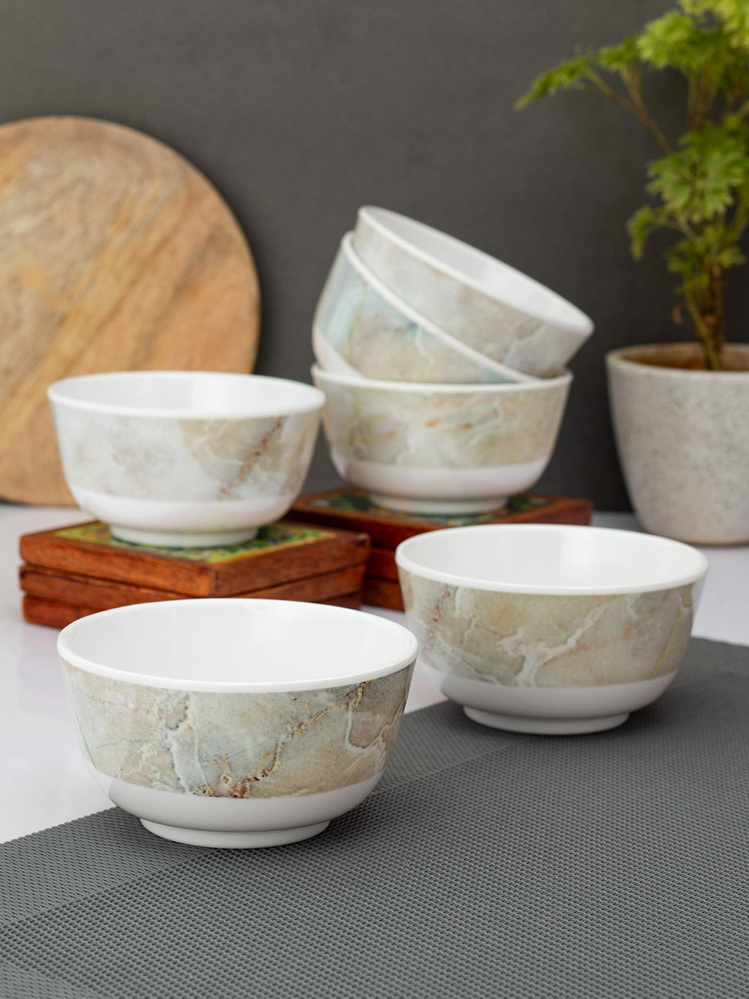 

LIVING ROOTS White & Brown 6 Pieces Floral Printed Melamine Glossy Bowls