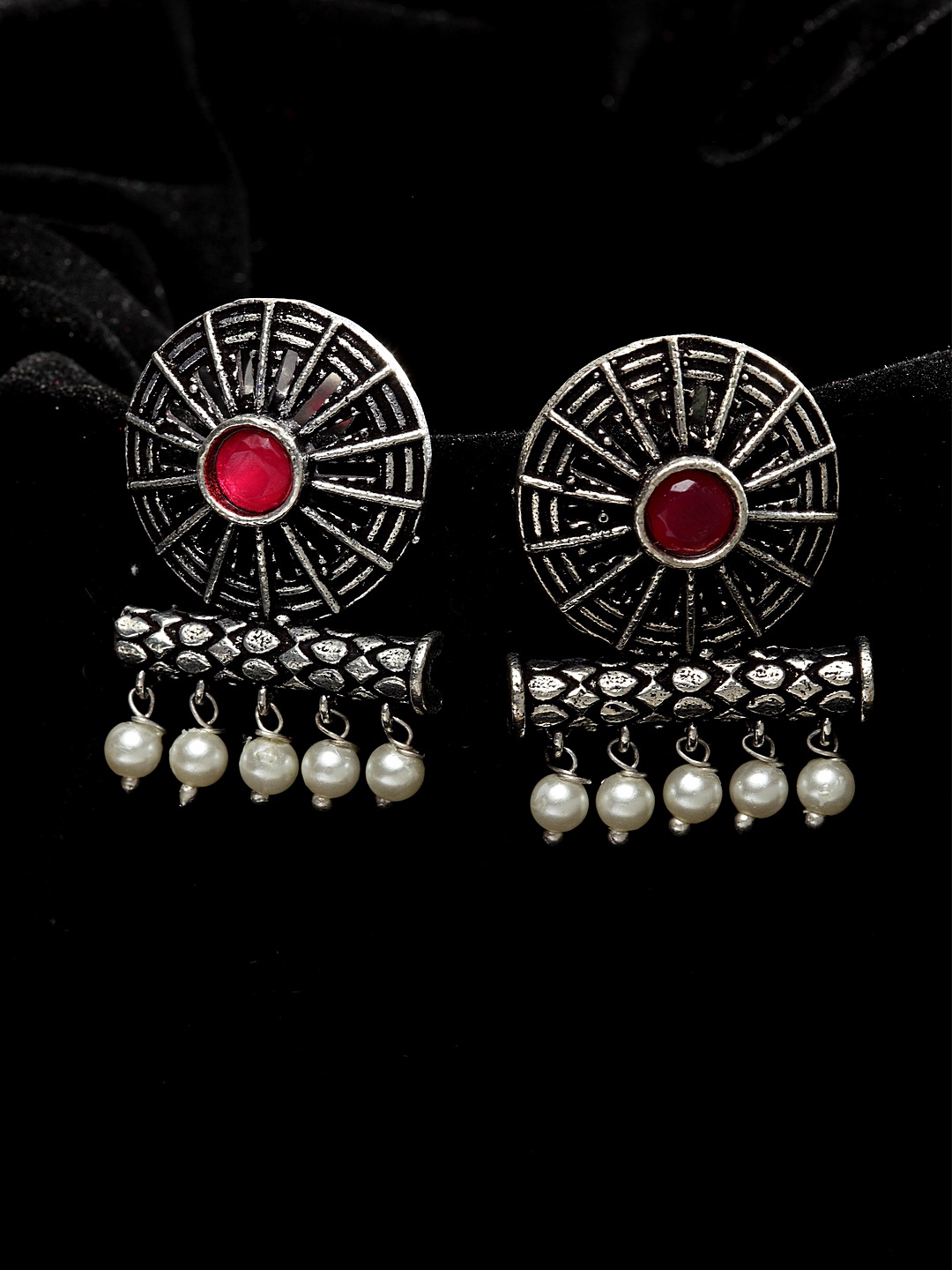 

PANASH Silver-Toned & Plated Circular Oxidised Drop Earrings