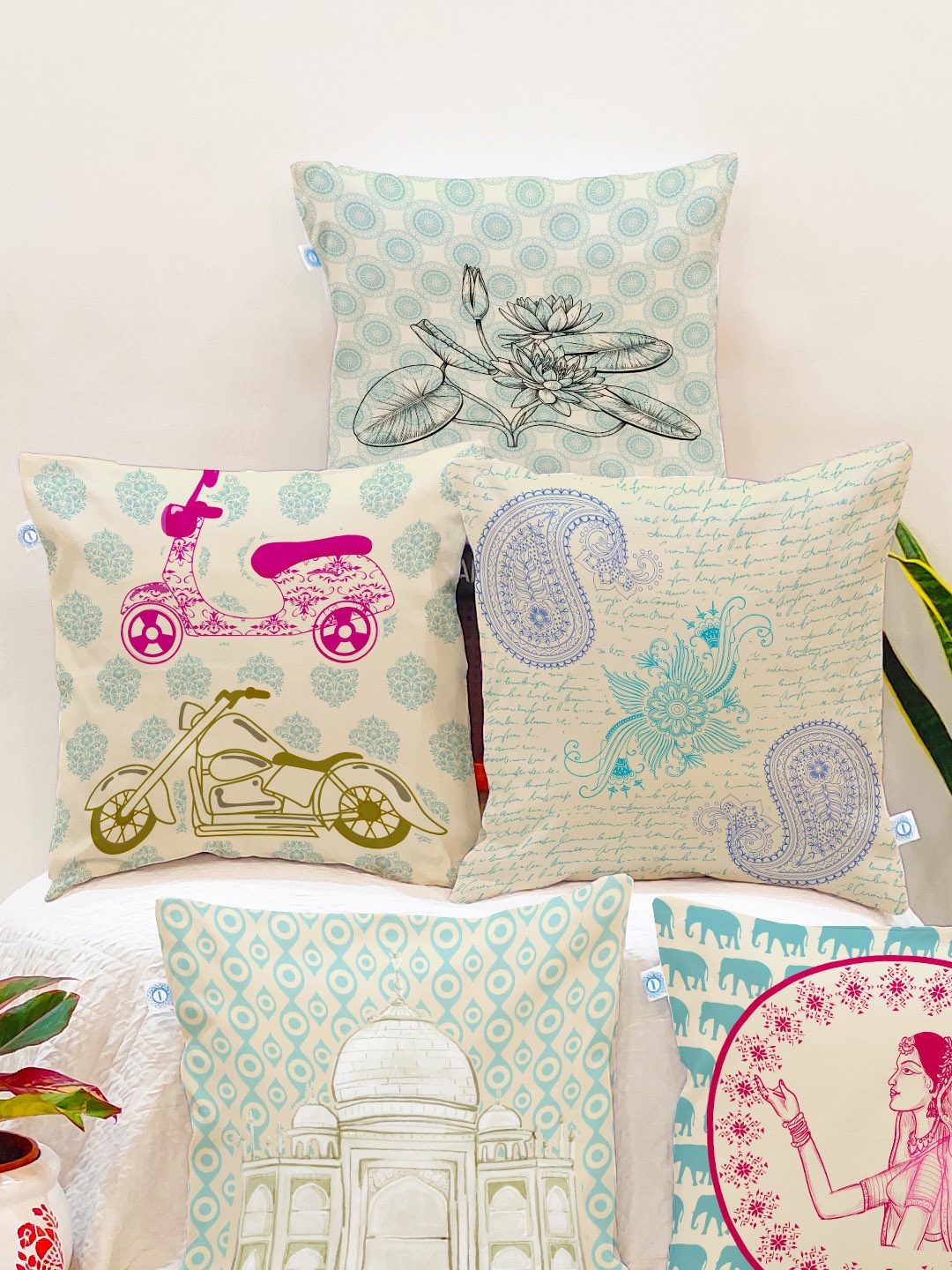 

STITCHNEST Set of 5 Teal & Fuchsia Ethnic Motifs Square Cushion Covers