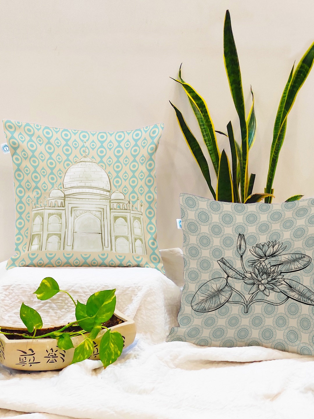 

STITCHNEST Teal & Beige Set of 2 Printed Square Cushion Covers