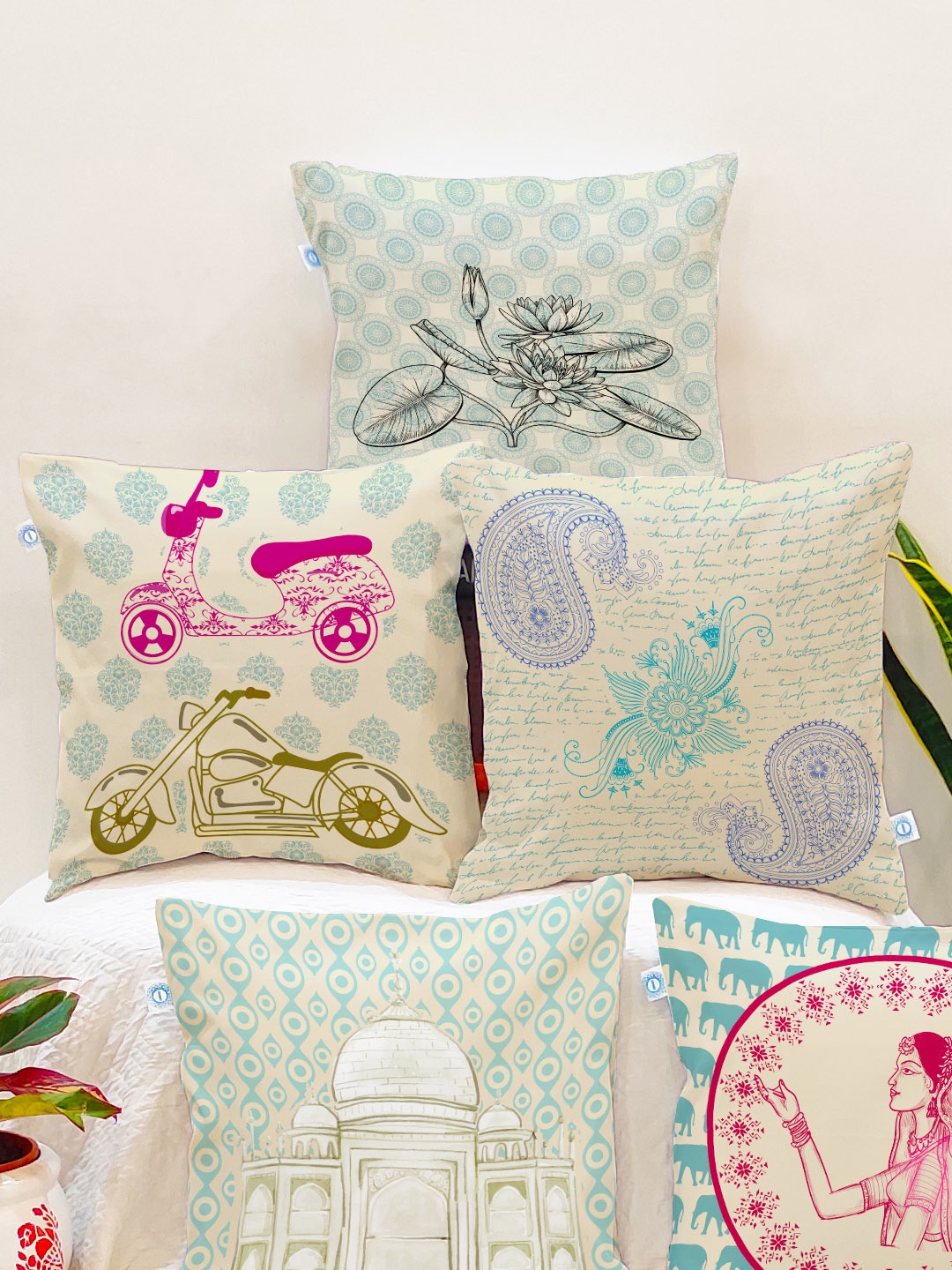 

STITCHNEST Teal Blue & Pink Set of 5 Ethnic Motifs Square Cushion Covers