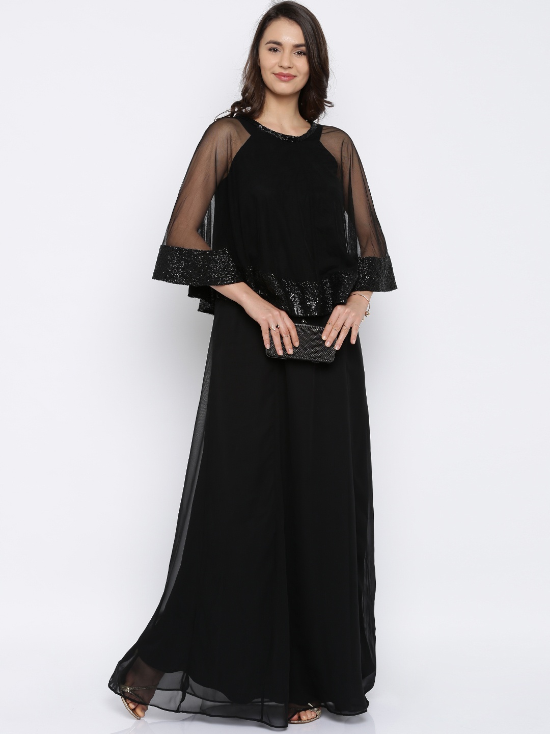 

RARE Women Black Lightweight Solid Maxi Dress With Cape