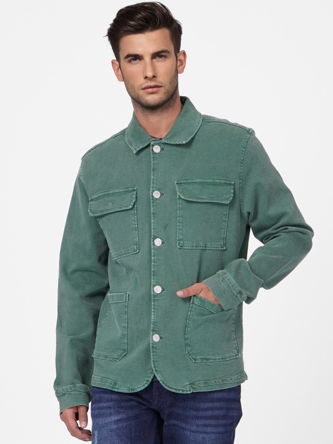 

Jack & Jones Men Green Cotton Denim Jacket