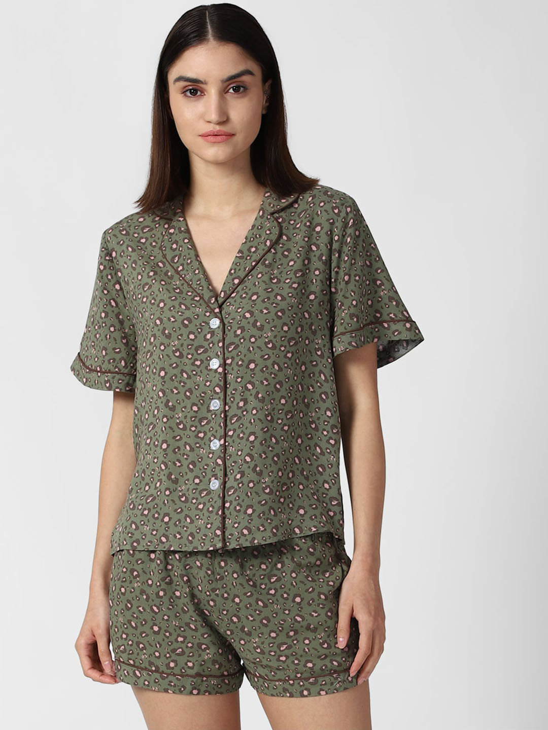 

FOREVER 21 Women Olive Green Printed Night suit