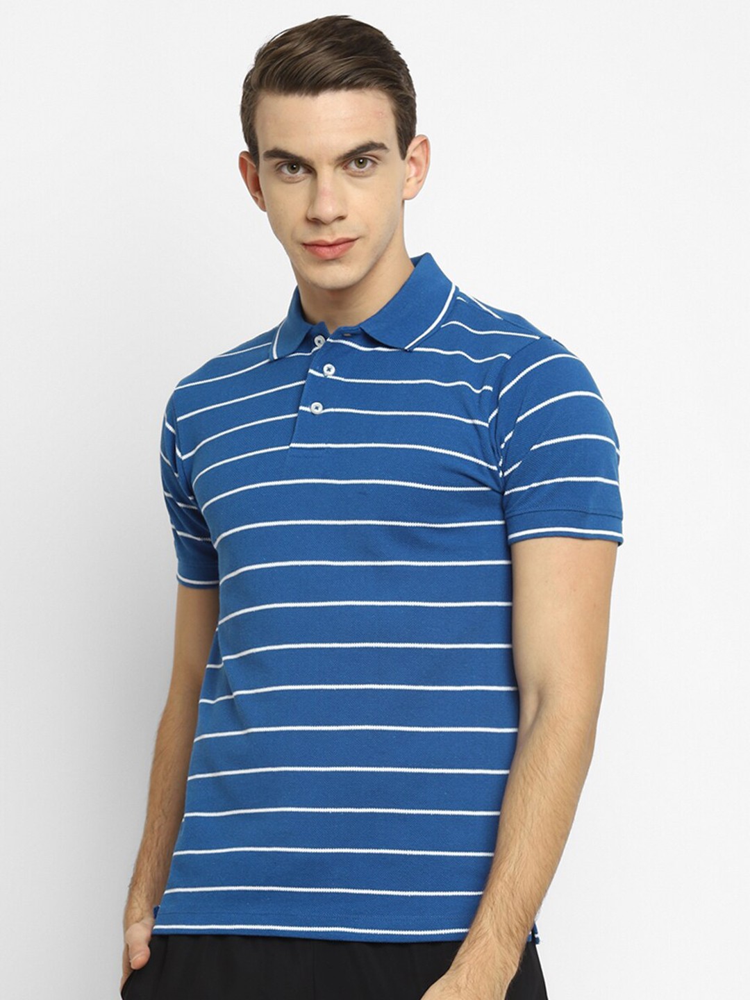 

OFF LIMITS Men Blue & Off White Striped Polo Collar Cotton T-shirt