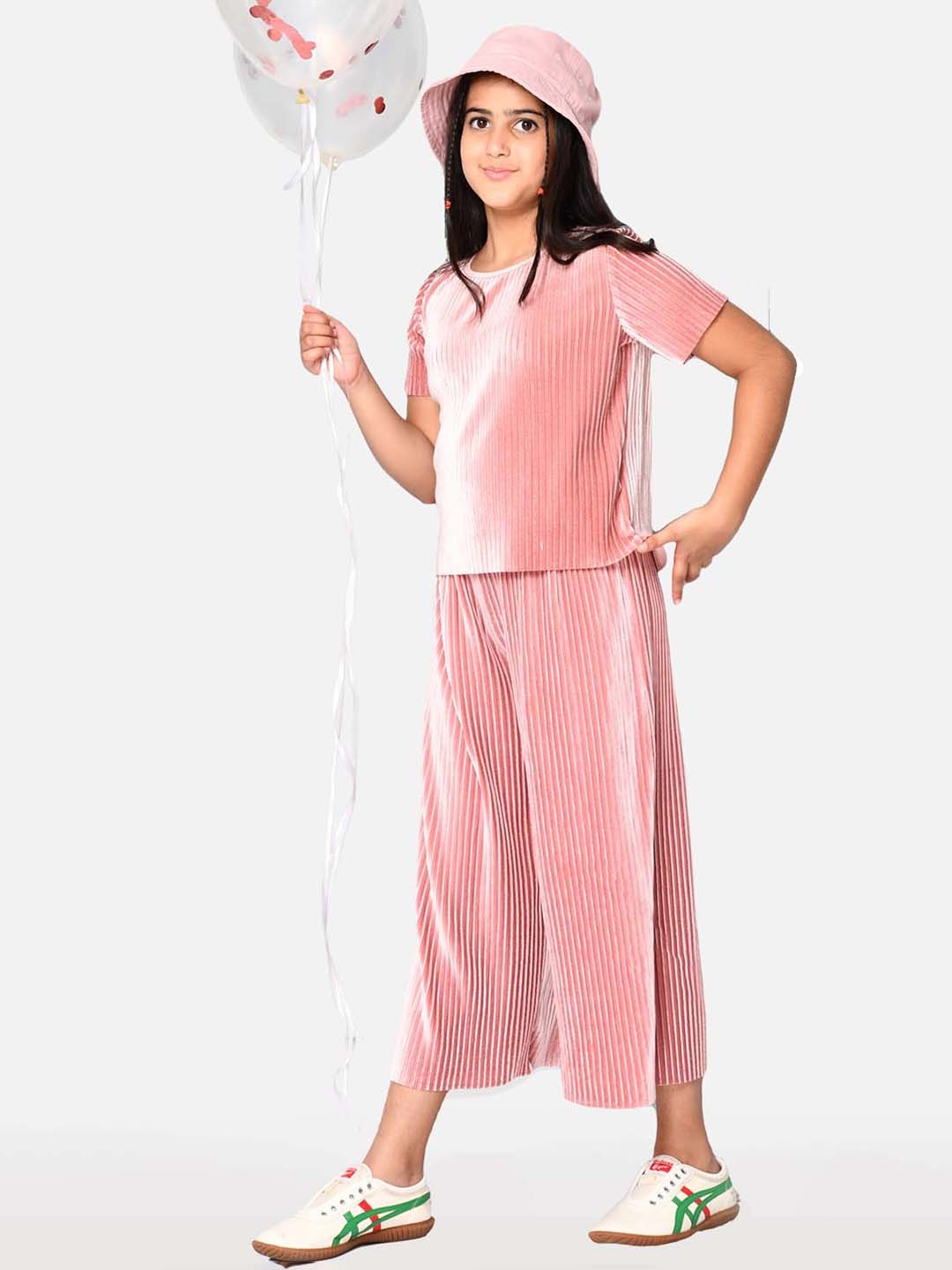 

Jade Garden Girls Pink Pleated Velvet T-shirt with Palazzos Co-Ords