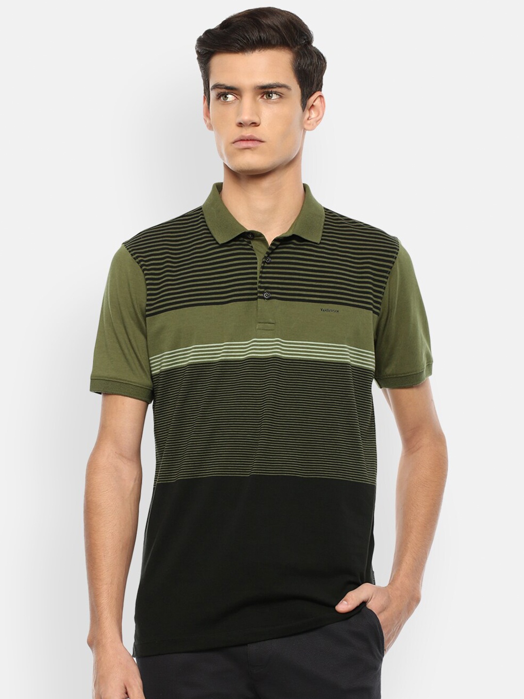 

Van Heusen Men Olive Green & Black Striped Polo Collar Pockets T-shirt