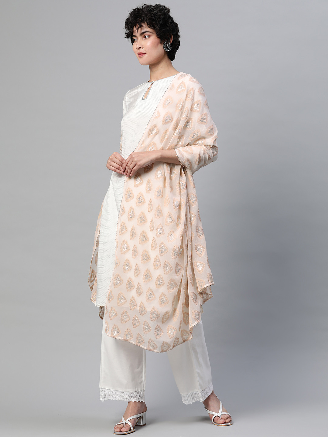 

Silai Bunai Women Off White & Brown Jacquard Woven Design Silk Dupatta with Gotta Patti