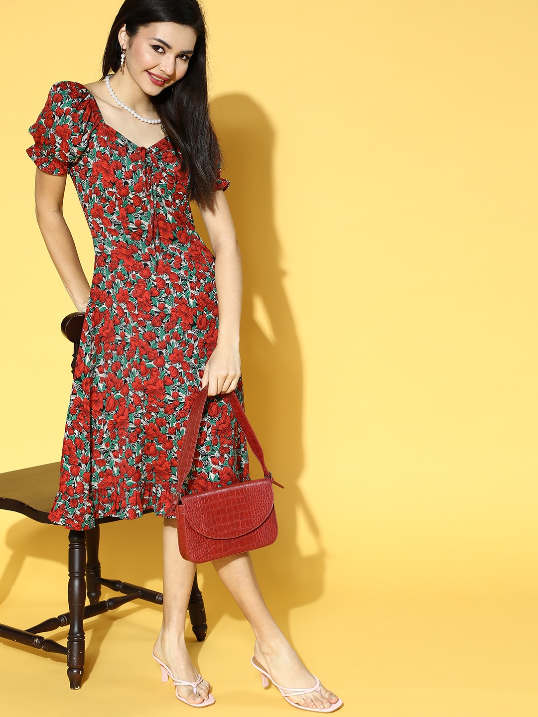 

Berrylush Women Attractive Floral Puff Sleeves Dress, Red