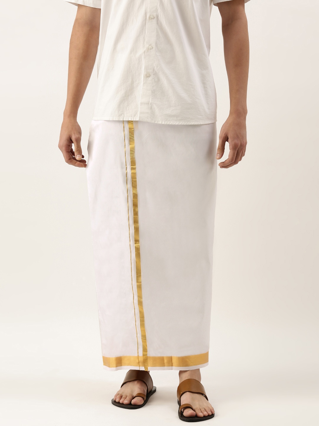 

THANGAMAGAN Men White & Golden Solid Handloom Dhoti with Zari Border