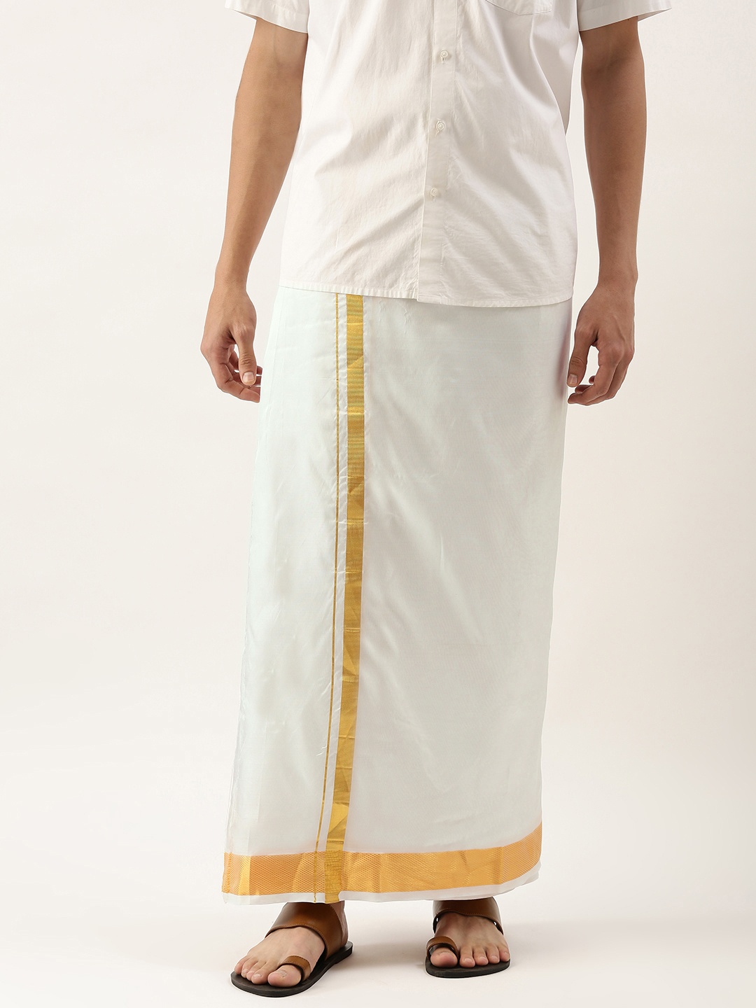 

THANGAMAGAN Men White Solid Mundu with Golden Border
