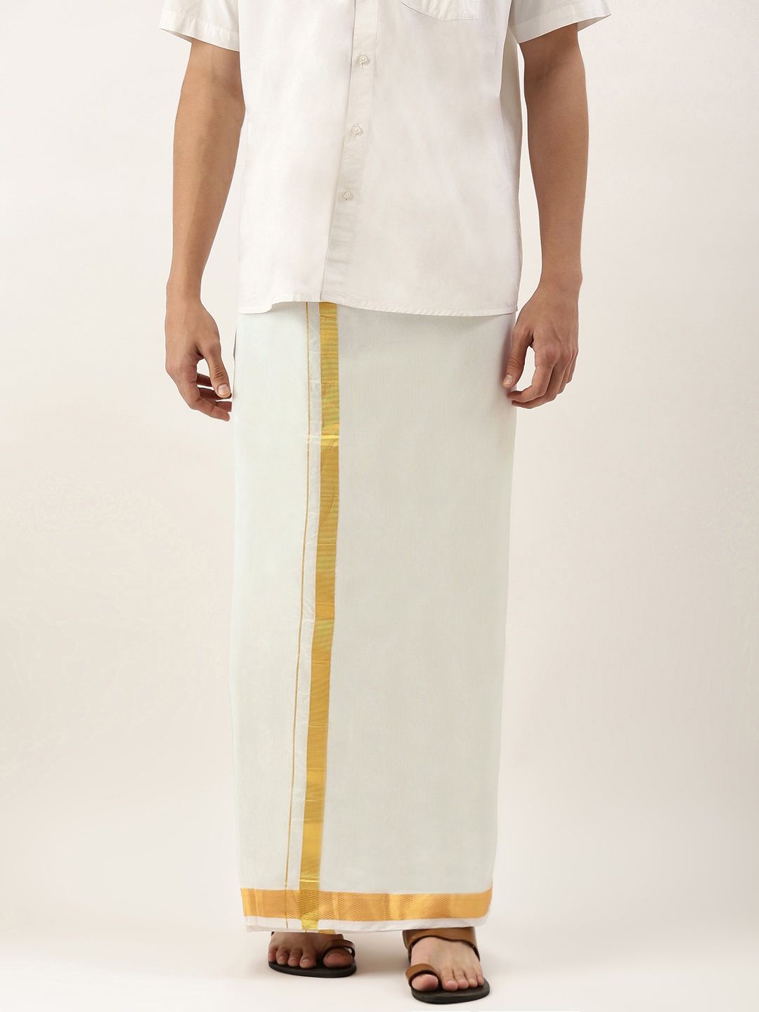 

THANGAMAGAN Men White Solid Mundu with Golden Border