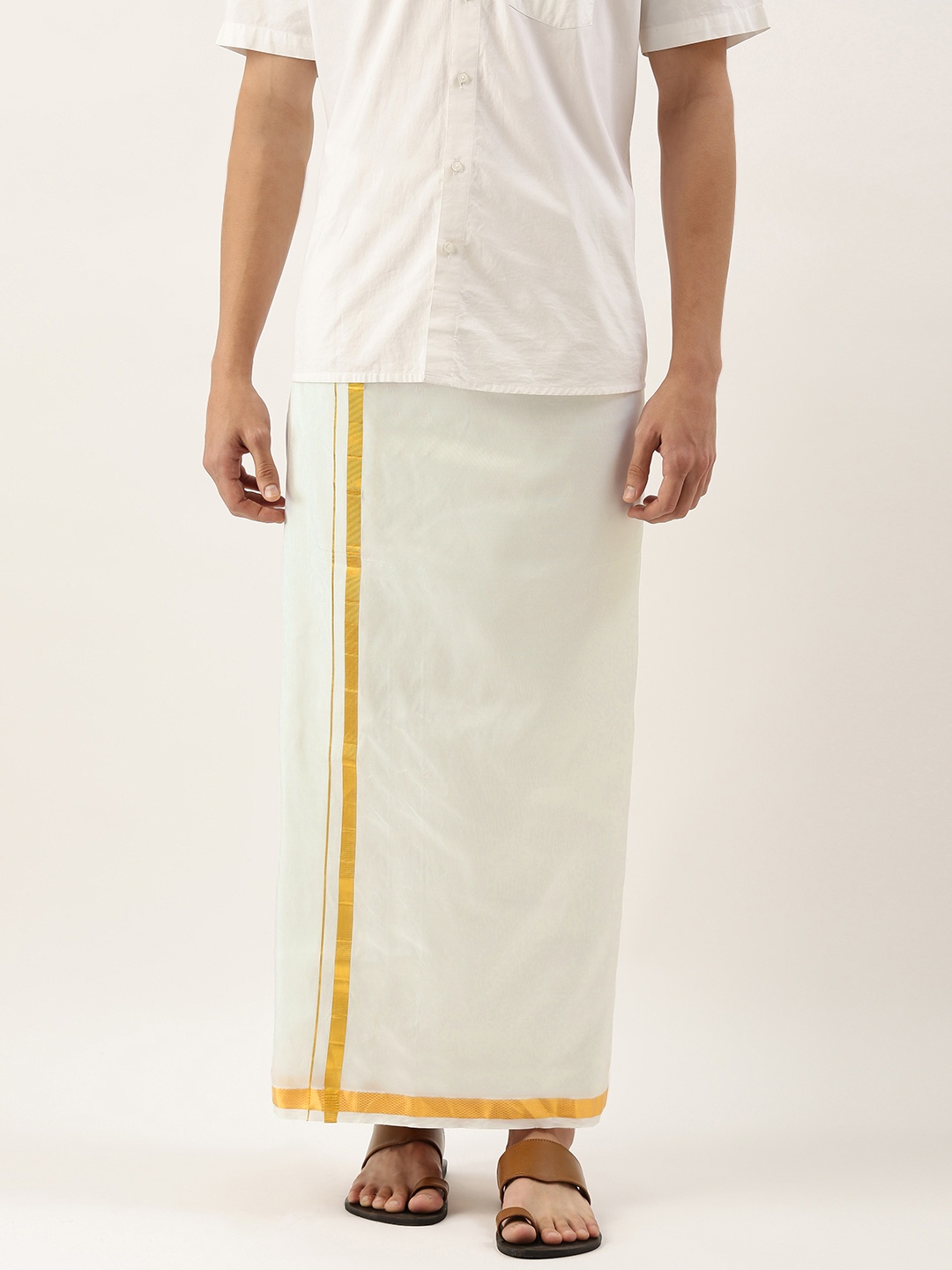 

THANGAMAGAN Men White Solid Mundu with Golden Border