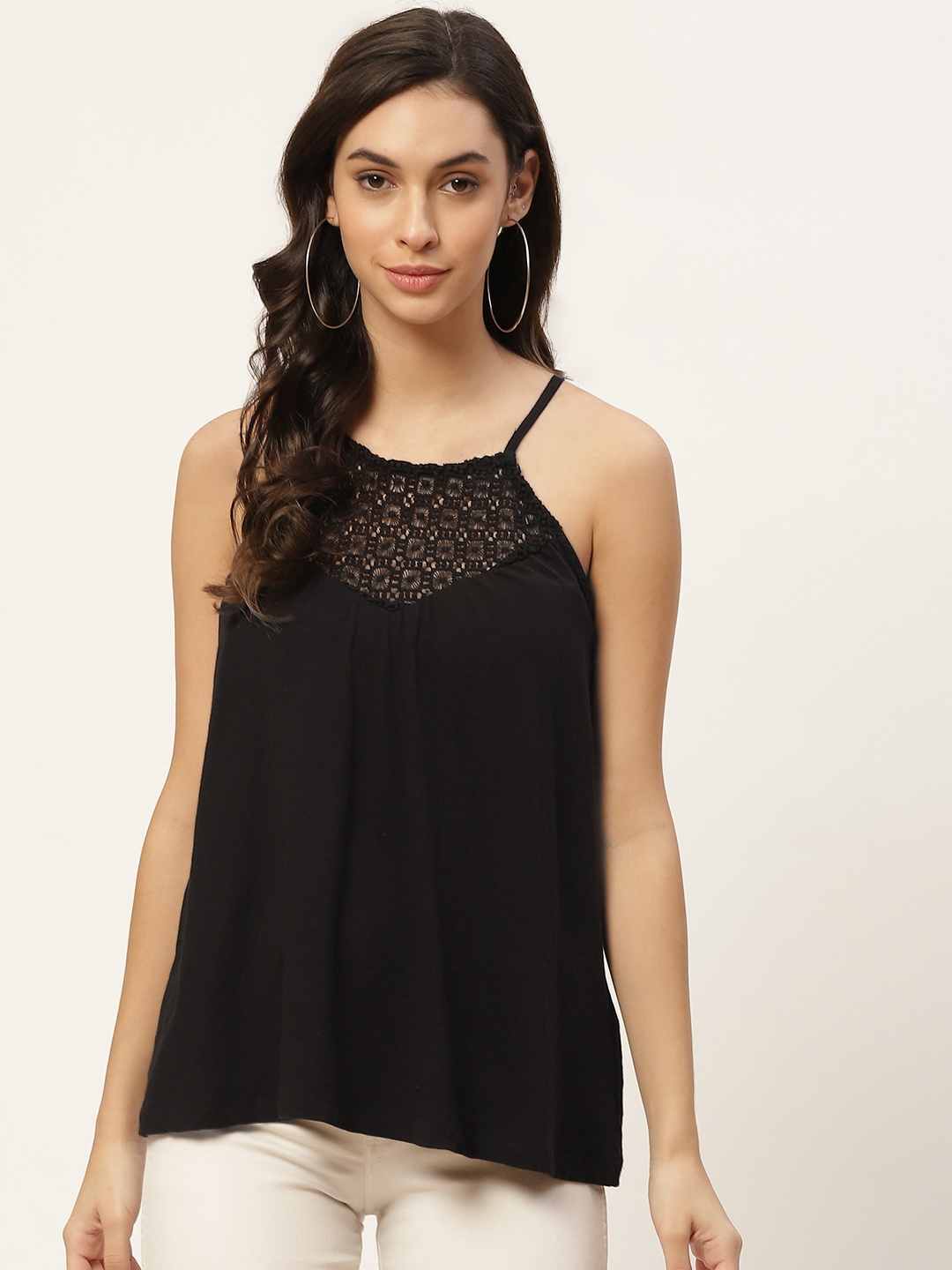 

WISSTLER Black Solid Pure Cotton Lace Inserts Top