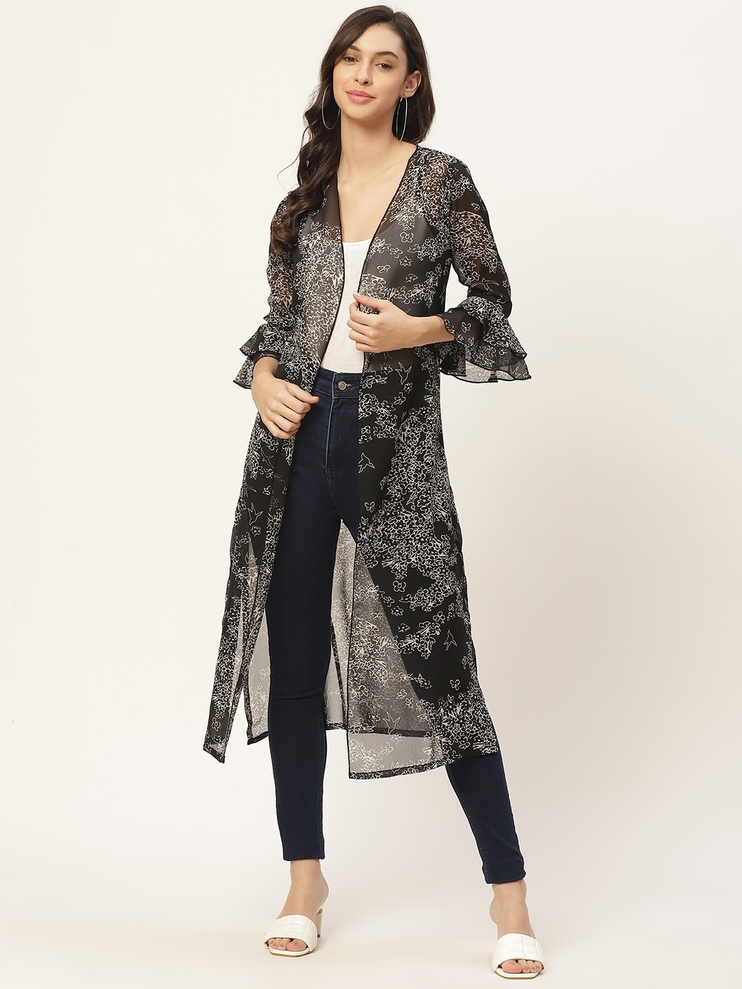 

WISSTLER Women Black & Off White Printed Longline Shrug