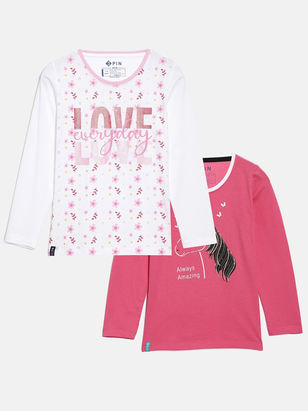 

3PIN Girls Pink Pack of 2 Typography Printed Applique T-shirt
