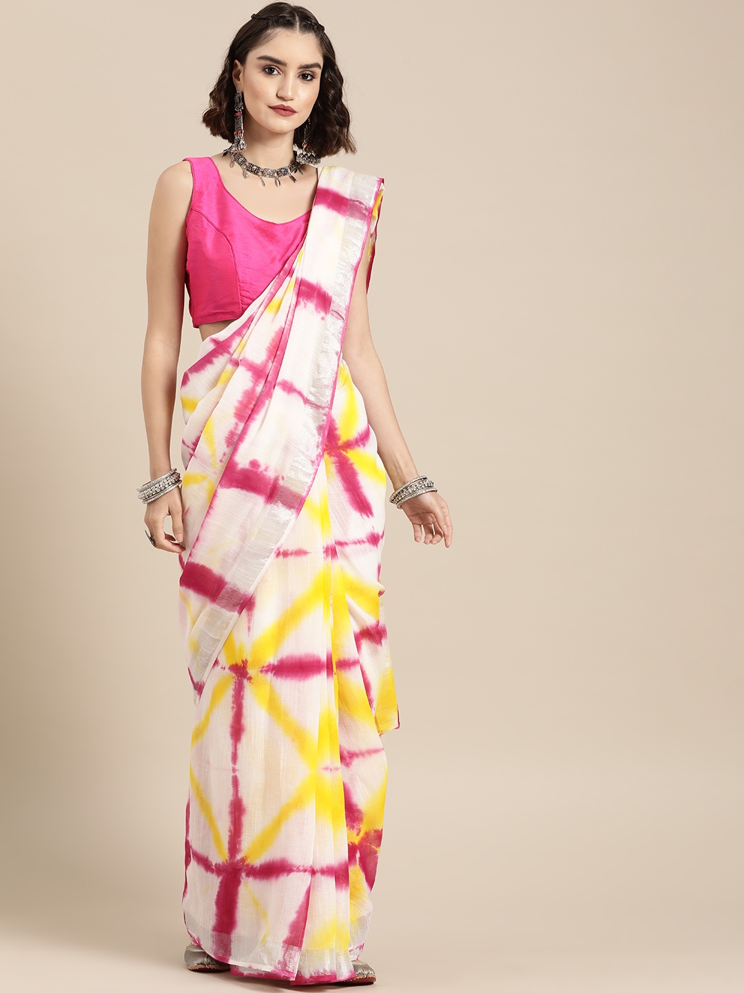 

Yufta White & Pink Tie and Dye Zari Linen Blend Khadi Saree