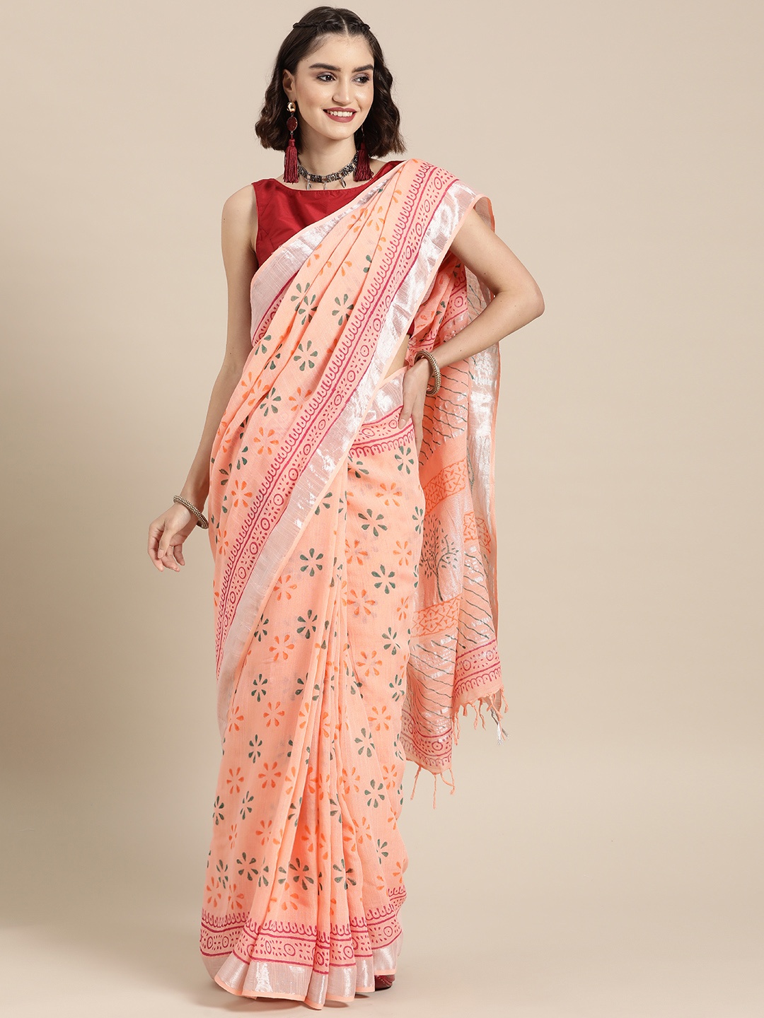 

Yufta Peach-Coloured & Green Ethnic Motifs Zari Linen Blend Khadi Saree