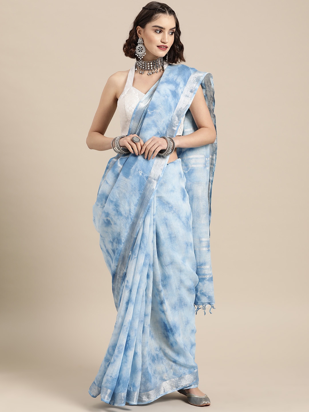 

Yufta Blue & White Tie and Dye Zari Linen Blend Khadi Saree