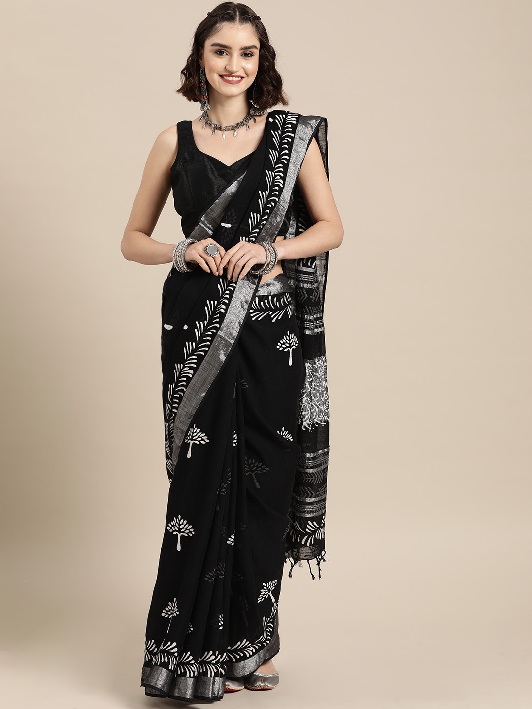 

Yufta Black Ethnic Motifs Hand-Block Printed Zari Linen Blend Khadi Saree