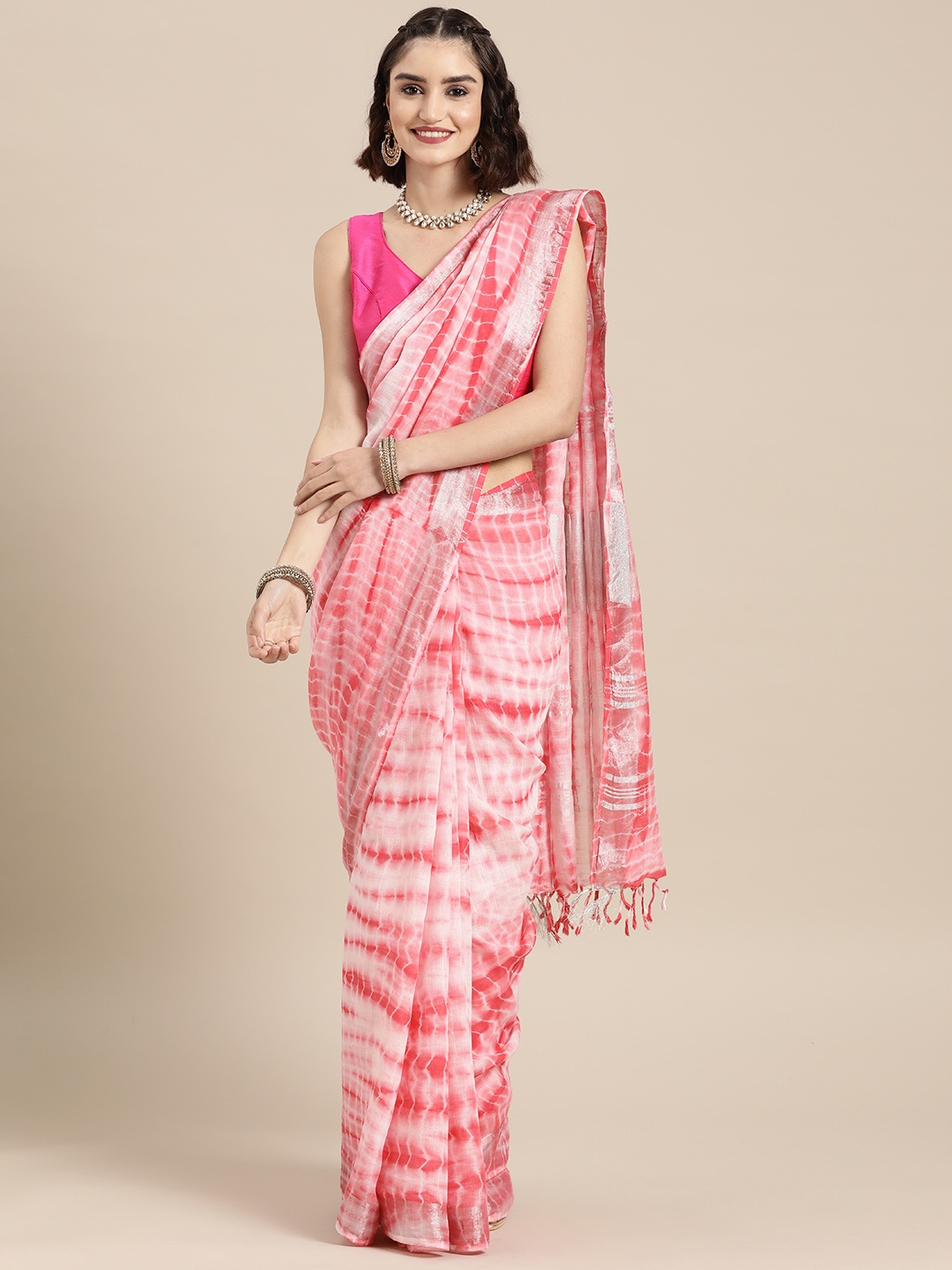 

Yufta Pink & White Tie and Dye Zari Linen Blend Khadi Saree