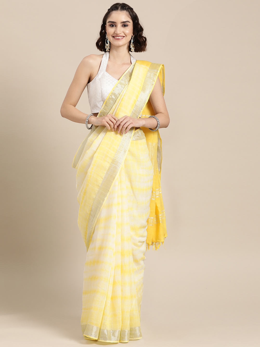 

Yufta Yellow Tie and Dye Zari Linen Blend Saree