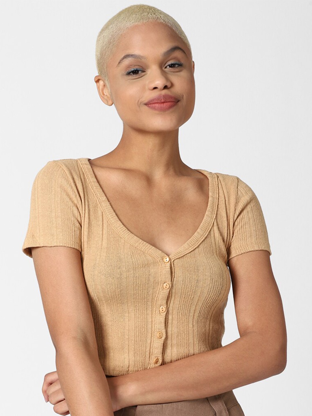 

FOREVER 21 Women Camel Brown Ribbed Crop Cardigan