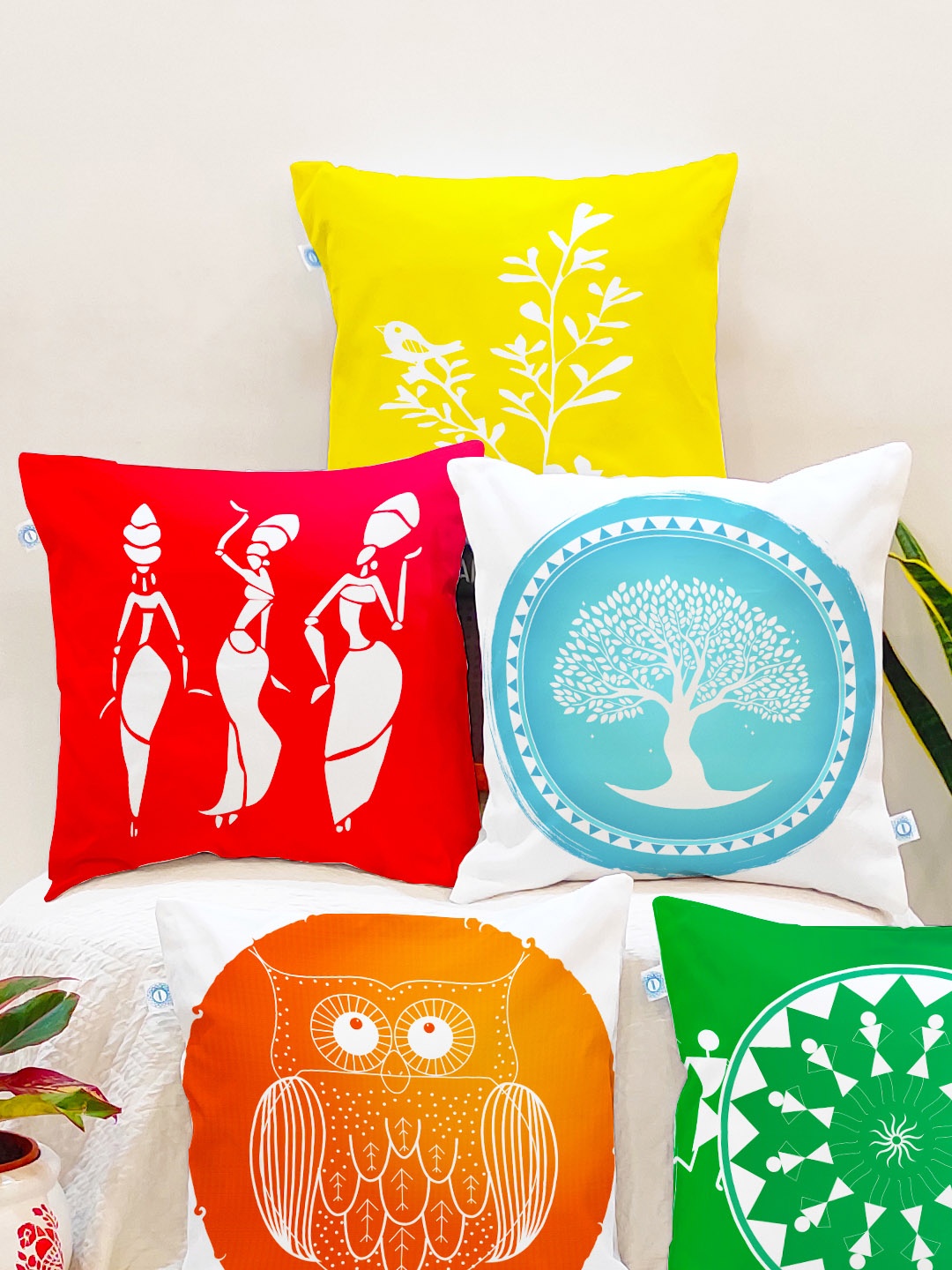 

STITCHNEST Yellow & Red Set of 5 Ethnic Motifs Square Cushion Covers