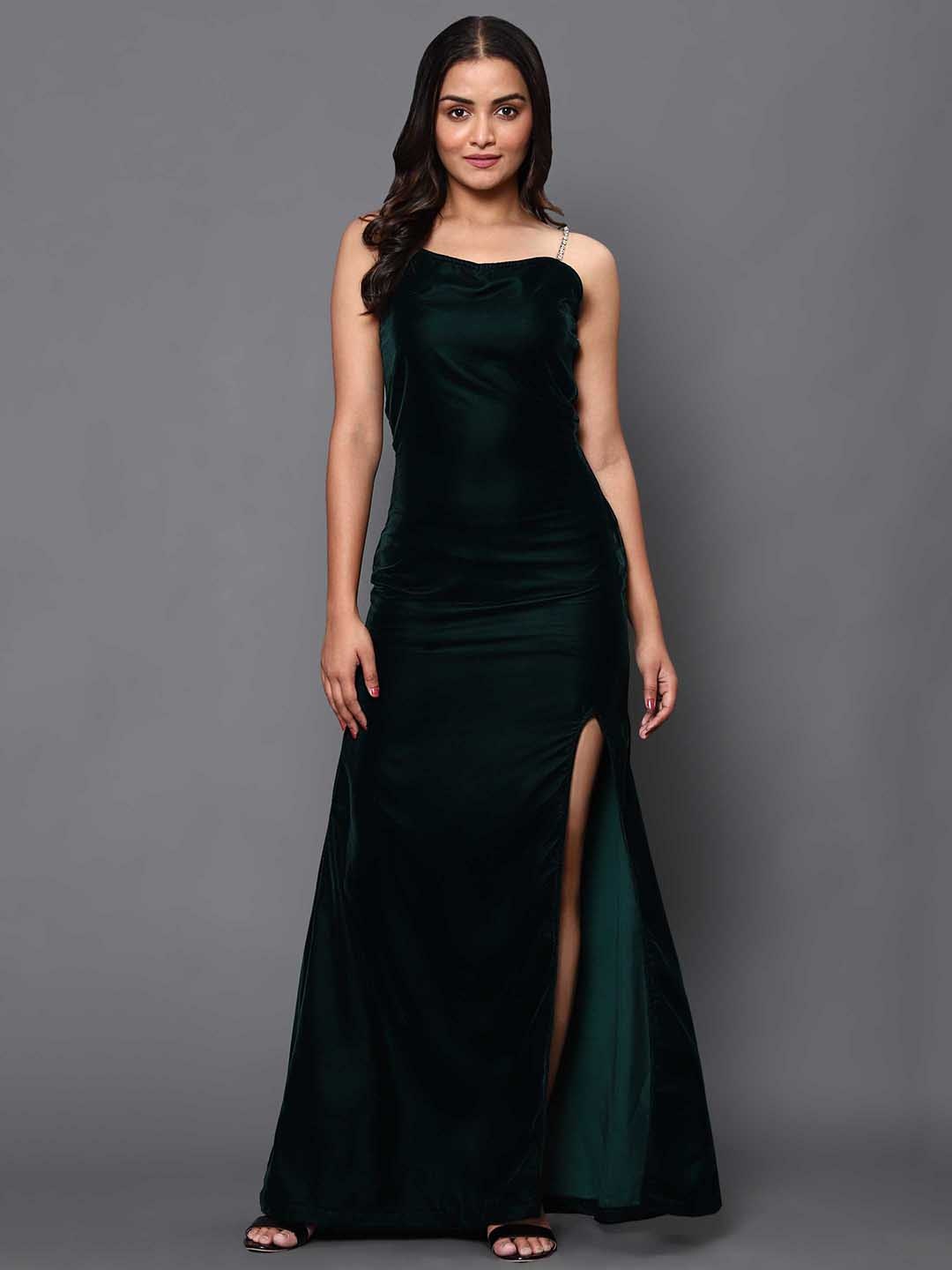 

KHUMAAR Shuchi Bhutani Green Velvet Maxi Dress